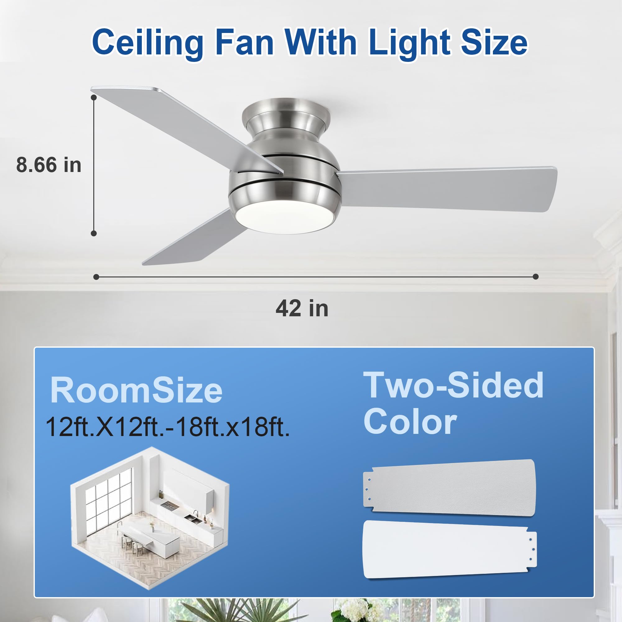 Putroad 42 Inch Ceiling Fans With Lights And Remote, Brushed Nickel Low Profile Ceiling Fan With Light, Flush Mount, Reversible,