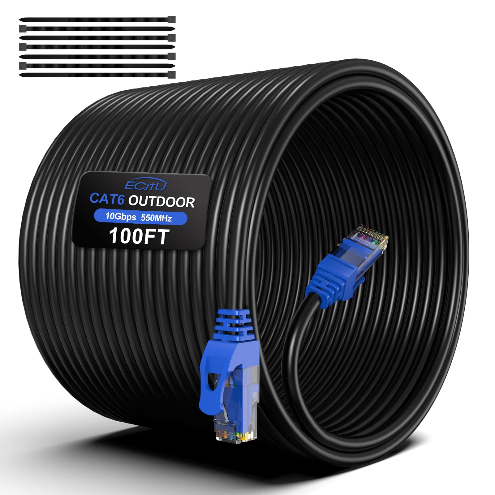100Ft Cat6 Outdoor Ethernet Cable, In Ground, Heavy Duty Direct Burial, 24Awg Cca Patch Cord, Poe, Utp, Waterproof, Lldpe Uv Resistant, Network, Internet, Lan, Cat 6 Cable 100 Feet With 25 Cable Ties