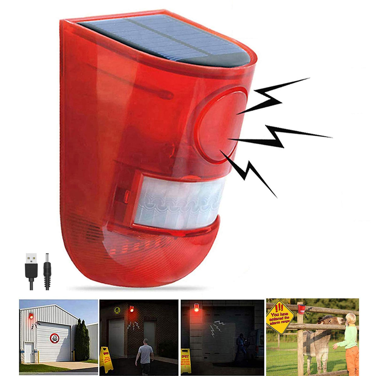 Solar Sound & Light Alarm Motion Sensor 110 Decibels Siren Sound Alert & 6Leds Flash Warning Strobe Security Alarm System For Fa