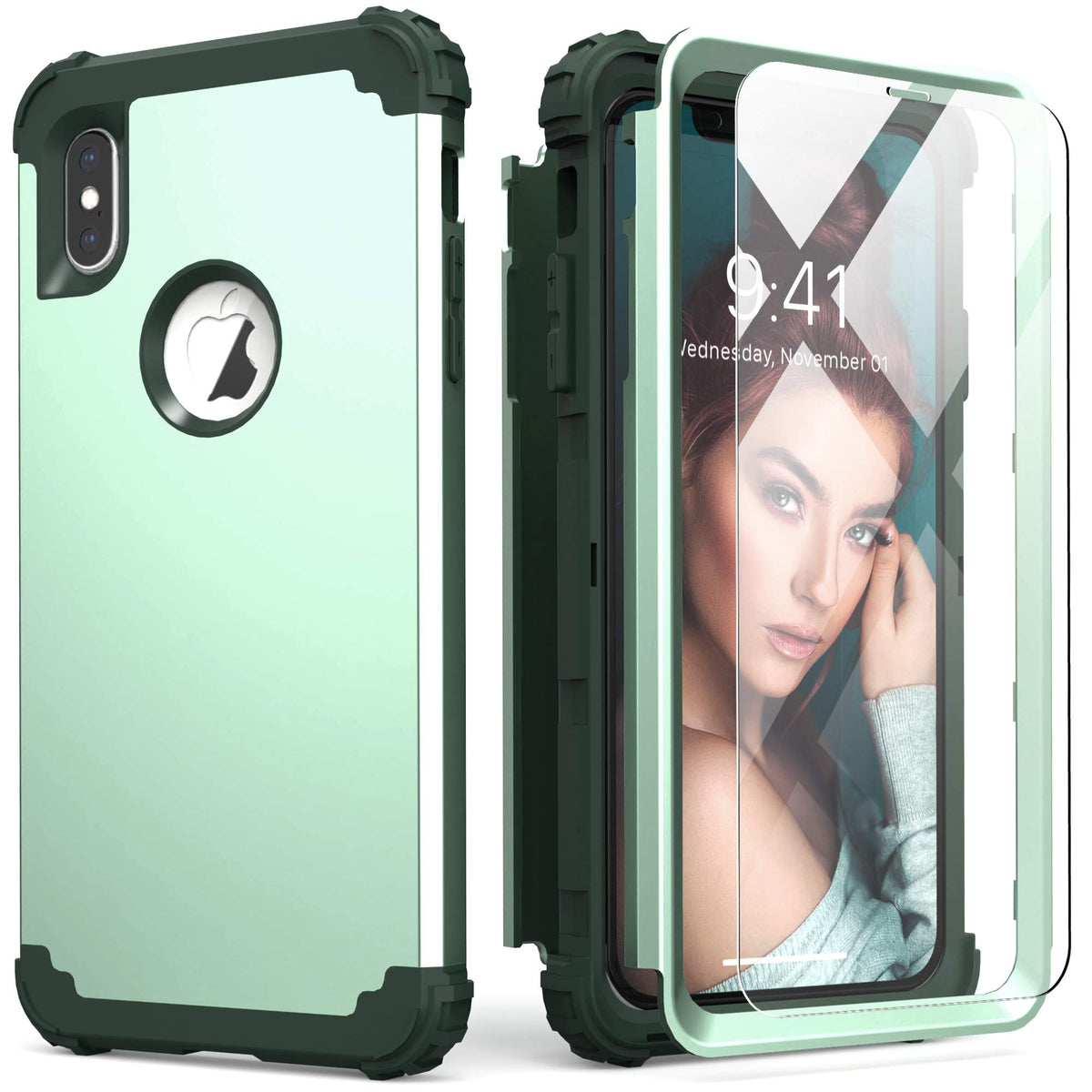 Idweel Iphone Xs Max Case With Tempered Glass Screen Protector, 3 In 1 Shock Absorption Heavy Duty Protection Hard Pc Cover Soft