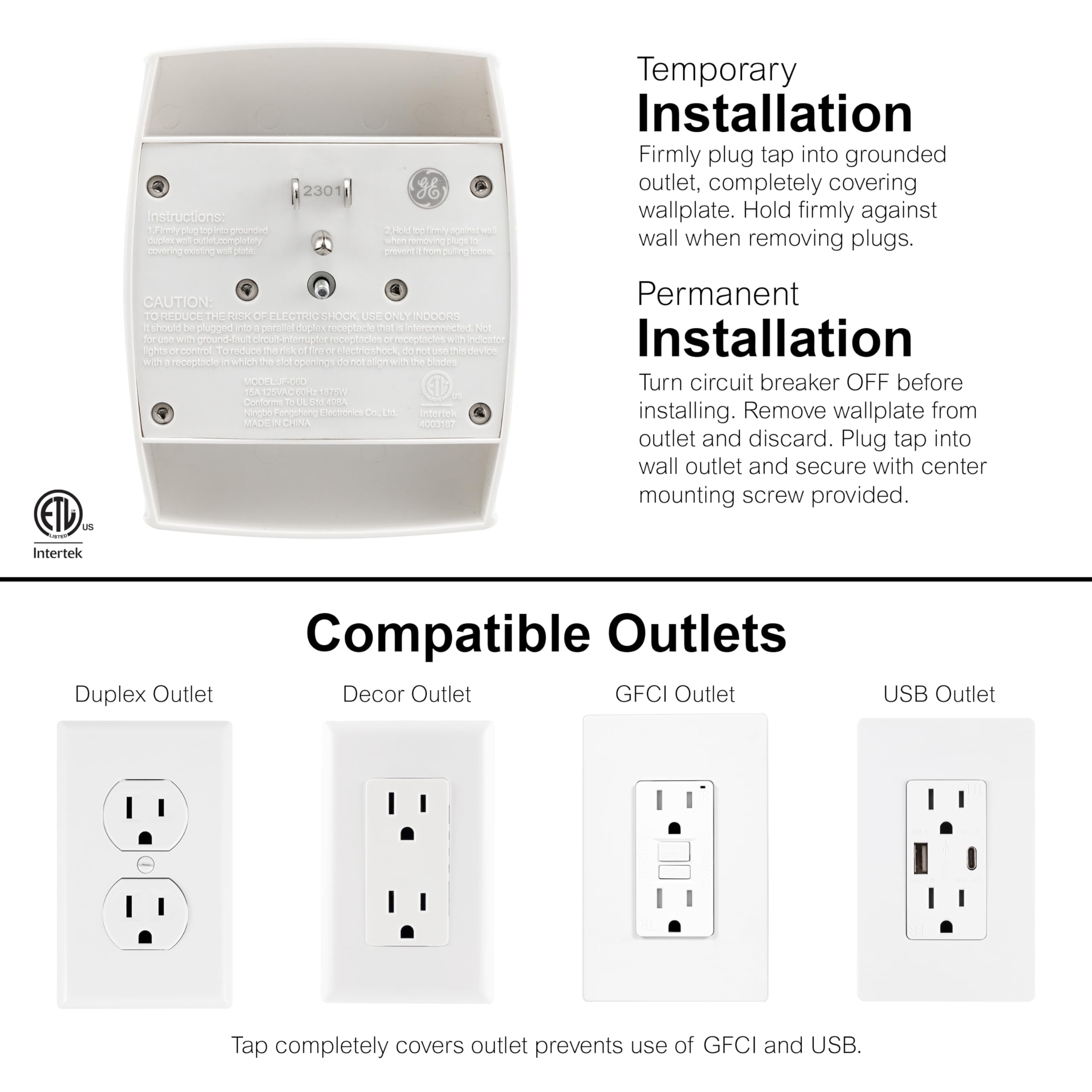 Ge 6 Outlet Extender Wall Tap, 2 Pack, Grounded Adapter, Charging Station, 3 Prong, Secure Install, Ul Listed, White, 46852