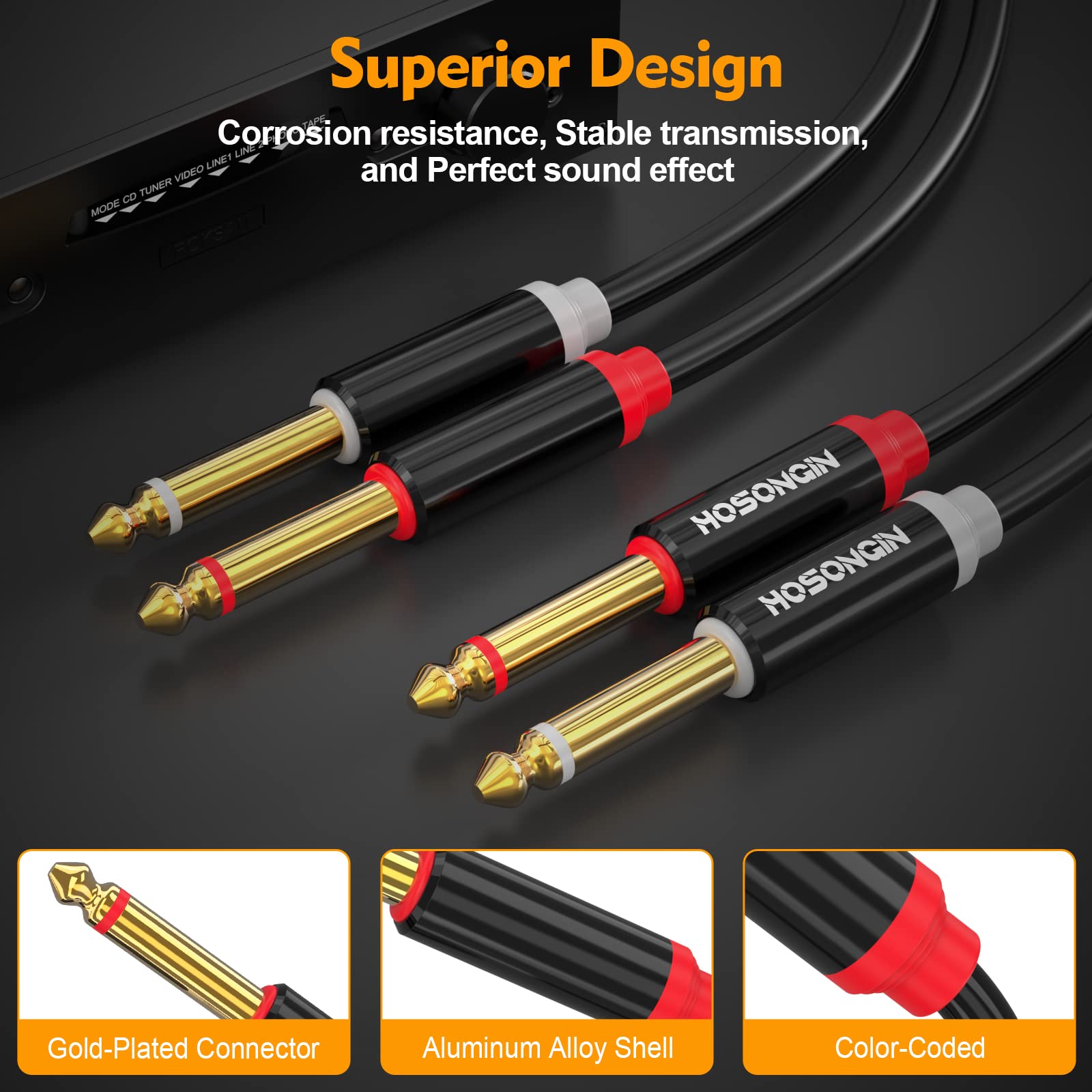 Hosongin Dual 1/4 Inch Ts To Dual 1/4 Inch Ts Stereo Interconnect Insert Cable For Amplifer Mixer, 20 Feet, Pvc Jacket Gold Plated Plug Double Shielding