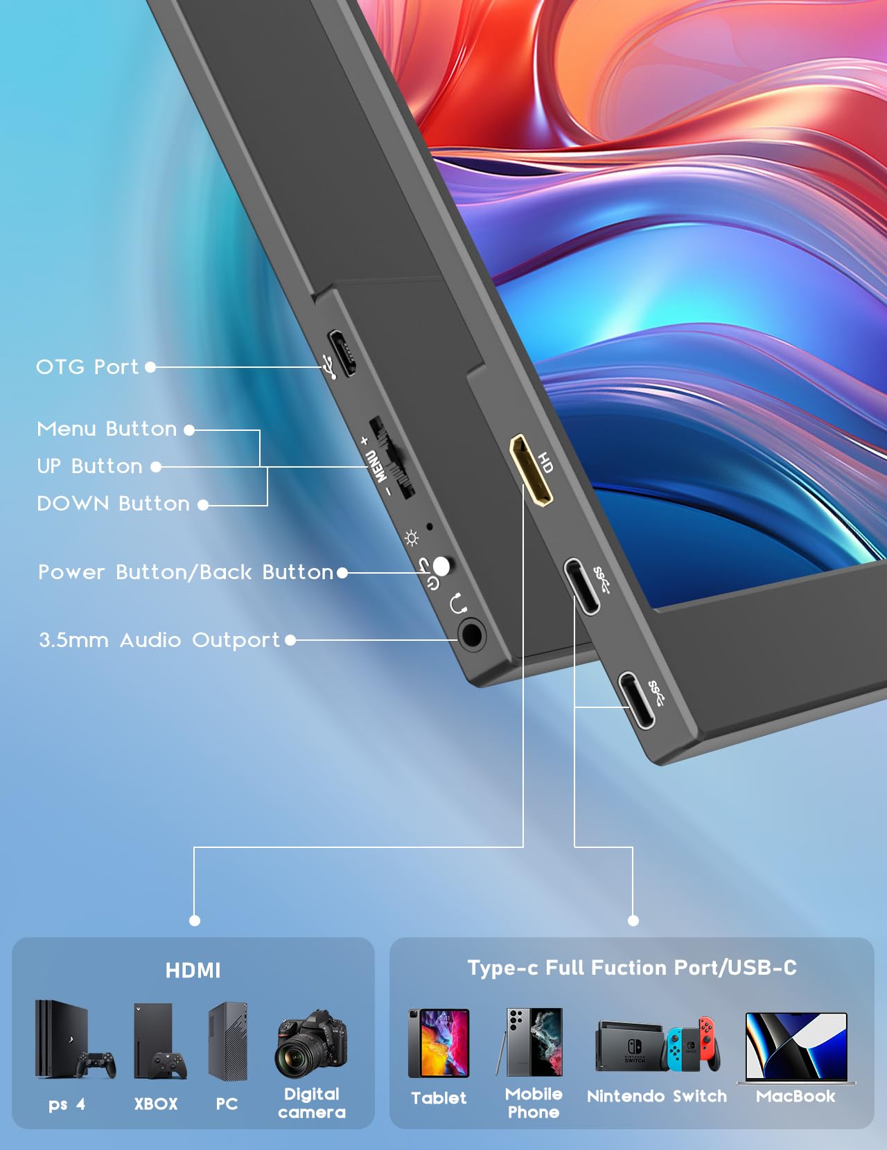 Ounshli 4K Portable Monitor, 13.3'' 3840 * 2160 Ips Portable Monitor For Laptop, Slim Lightweight Hdr Travel Monitor Usb C Hdmi