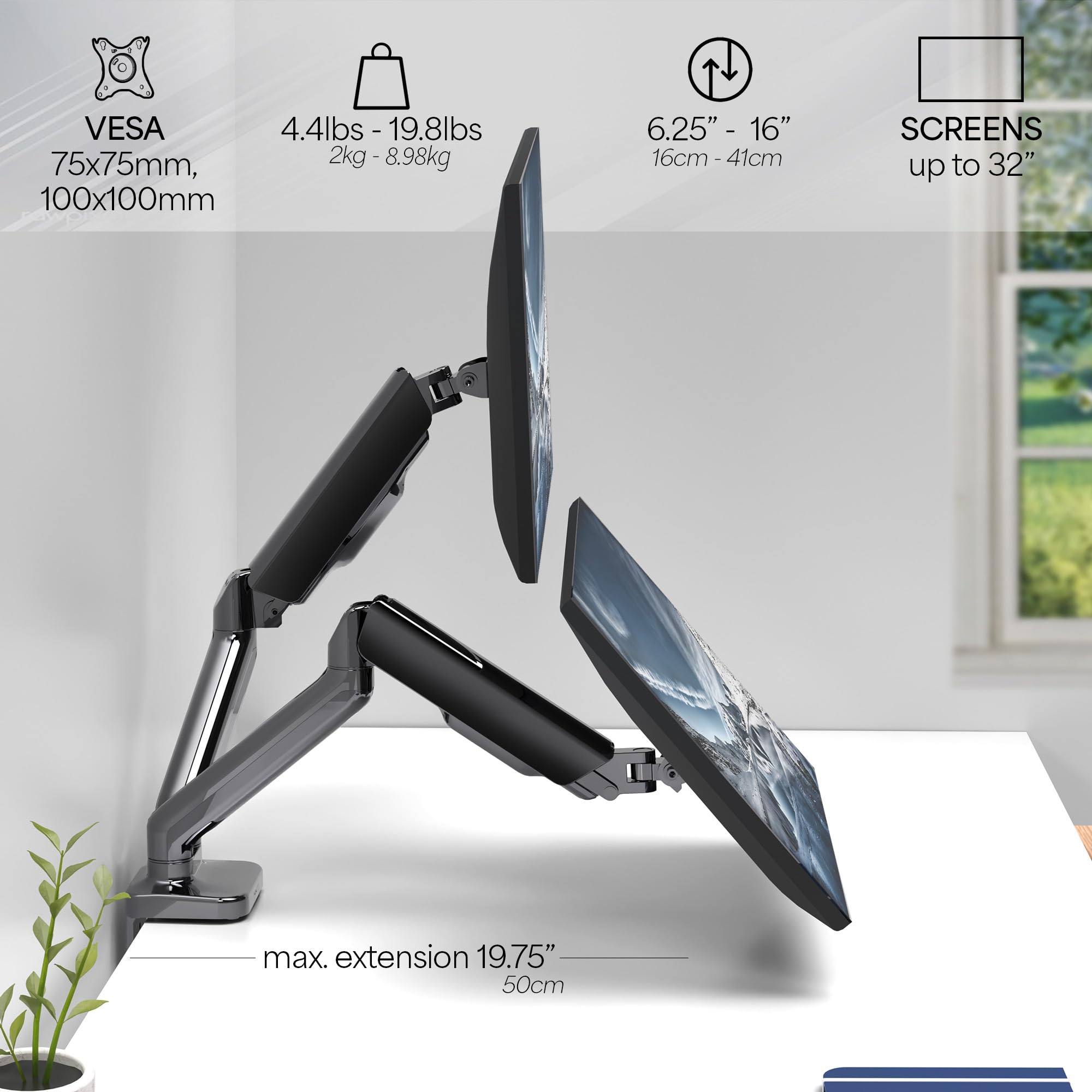 VIVO Dual Monitor up to 32 inches and 19.8 lbs per Screen, Pneumatic Arm Desk Mount, Articulating Counterbalance, VESA Stand, Classic, STAND V002O