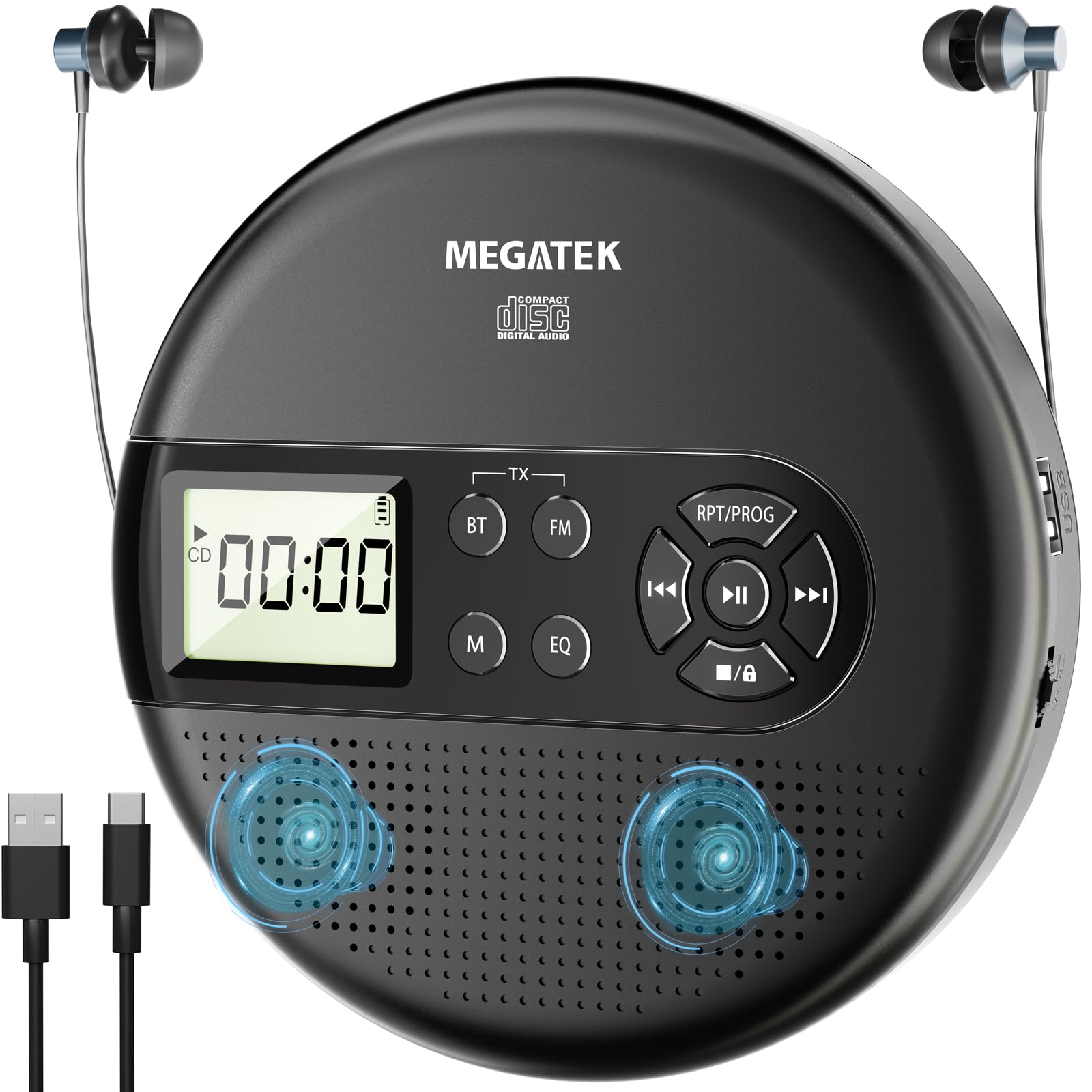 Megatek Portable Cd Player With Dual Stereo Speakers And 60 Seconds Anti Skip, Personal Walkman Cd Player For Car With Headphones, Usb Port, Bluetooth And Fm Transmitter, 2000Mah Rechargeable Battery