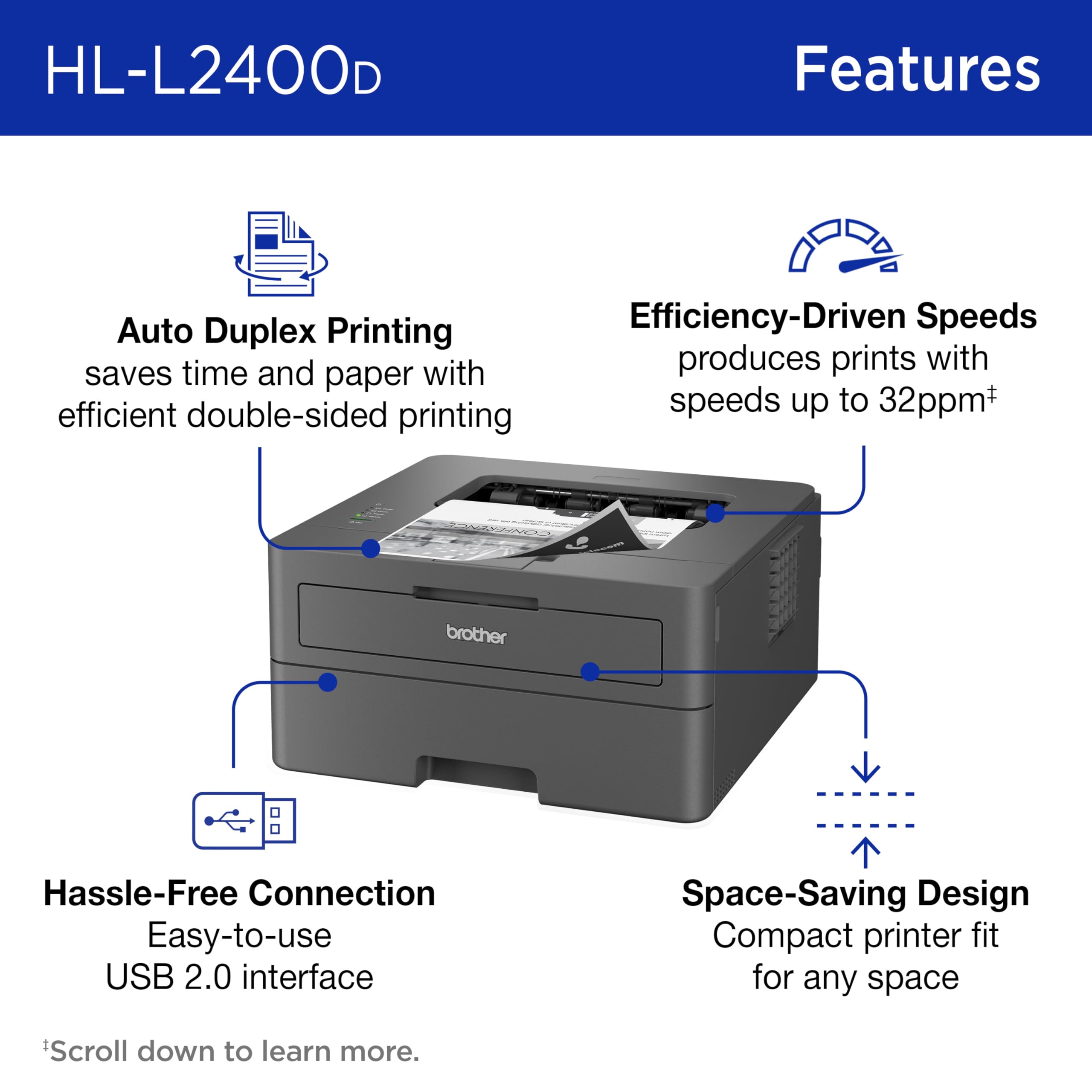 Brother Hl L2400D Compact Monochrome Laser Printer With Duplex Printing, Usb Required (Cable Not Included), Black & White Output