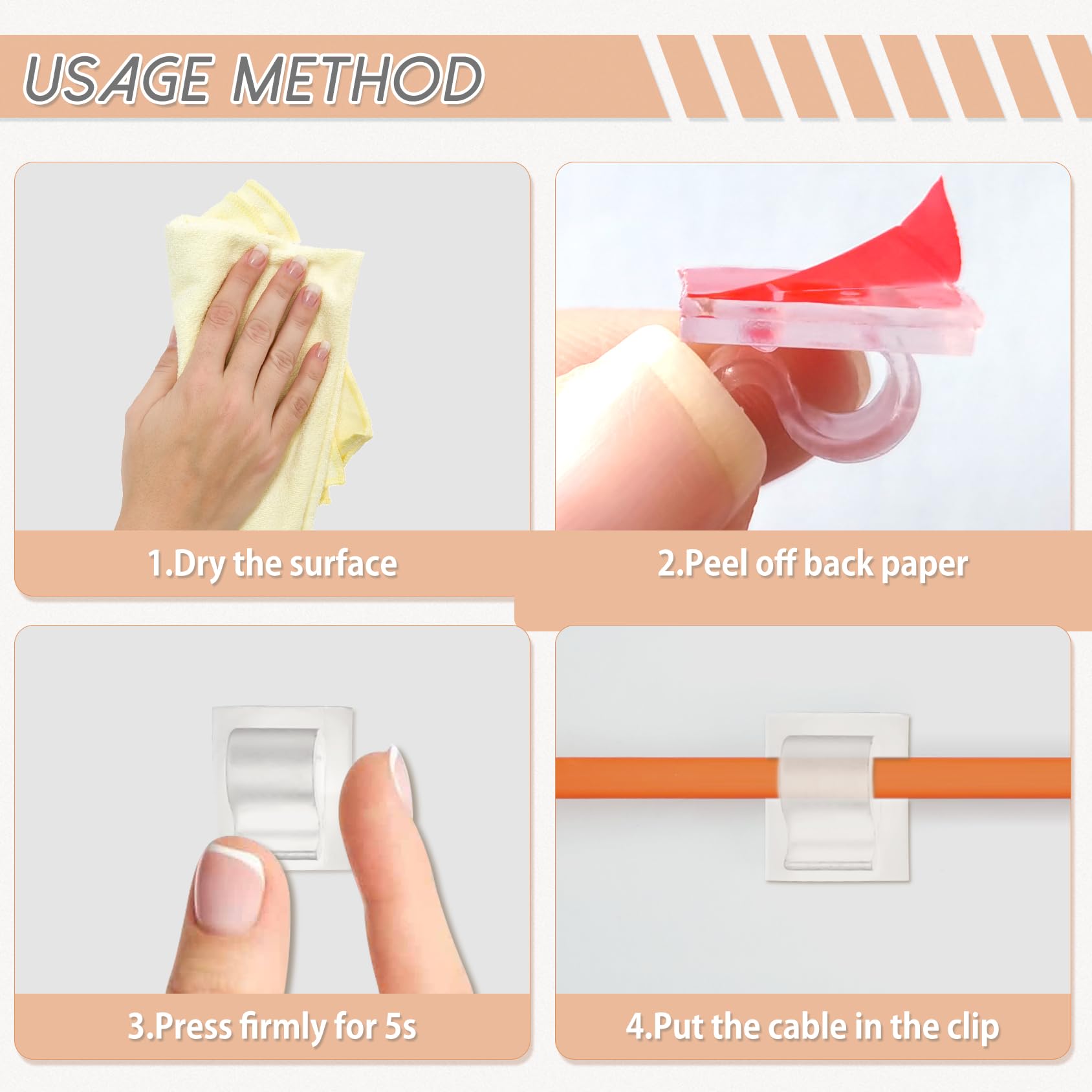 Xuuza 50Pcs Adhesive Cable Clips Nylon Clear Cord Organizer for Desk Wall Outdoor String Lights