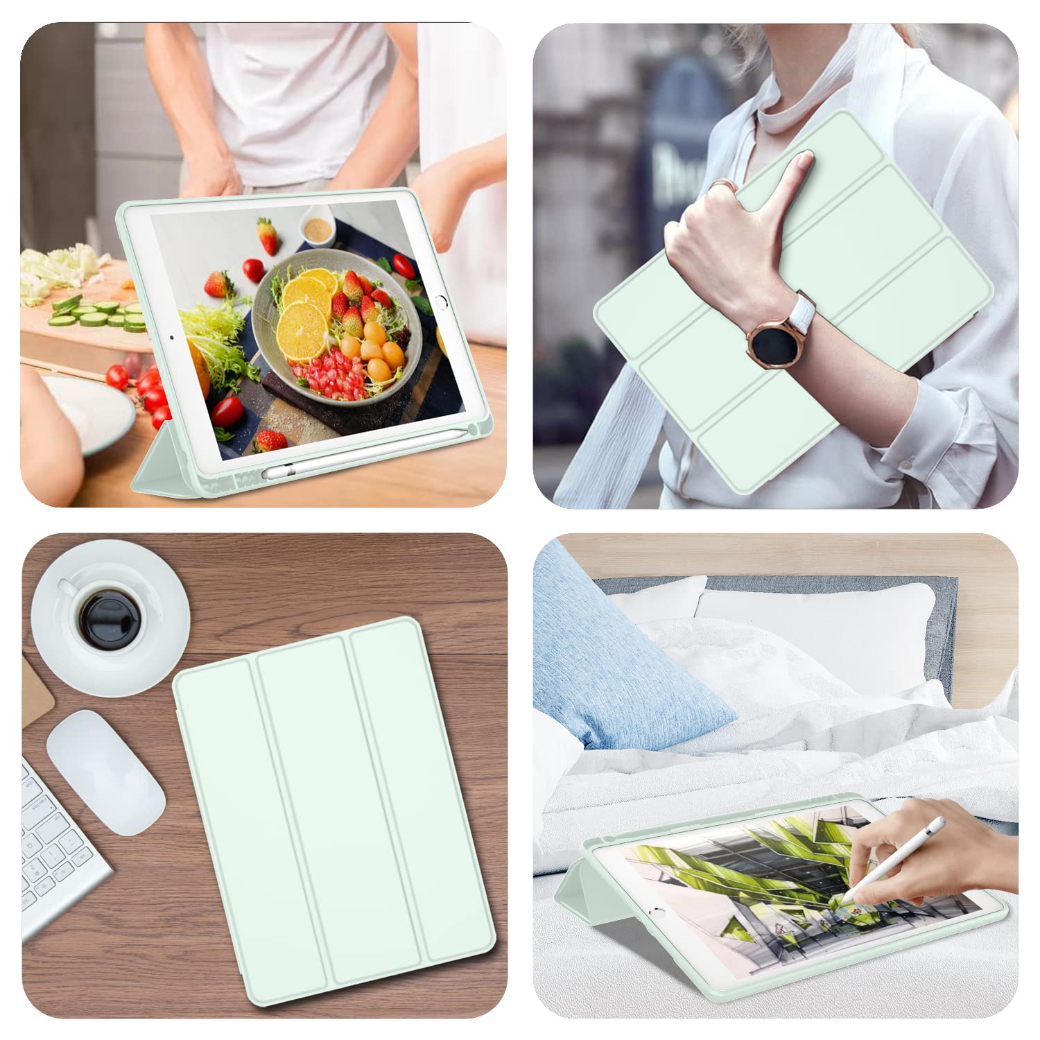 Imieet Ipad Case 2021/2020/2019 10.2 Inch, Soft Silicone Back, Pencil Holder, Auto Wake/Sleep Cover (Pale Green)