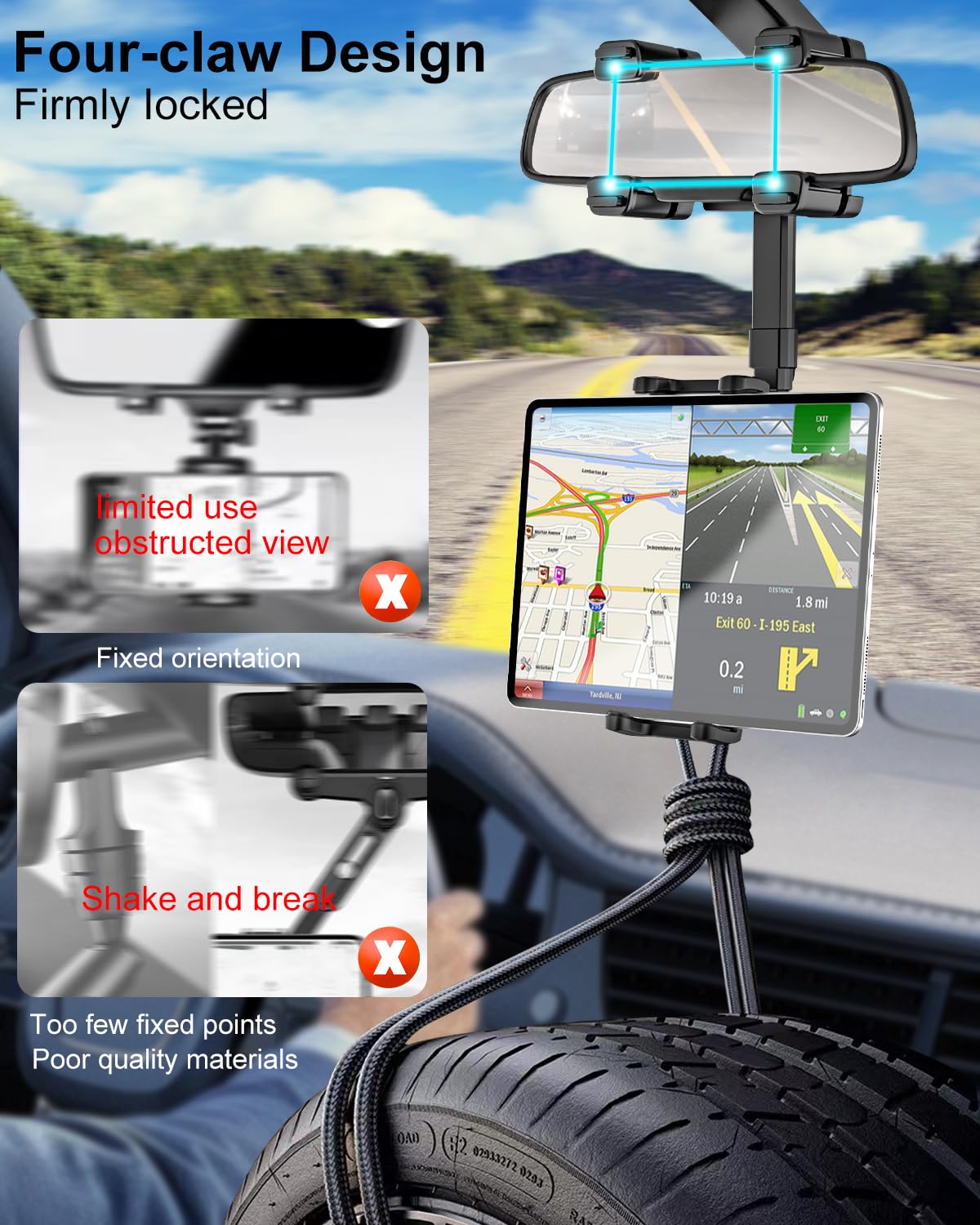 Kolasels Car Rear View Mirror Tablet Holder Mount [4 Claws Anti-Shake Design] 360 Rotatable Retractable Rearview Mirror Tablet P