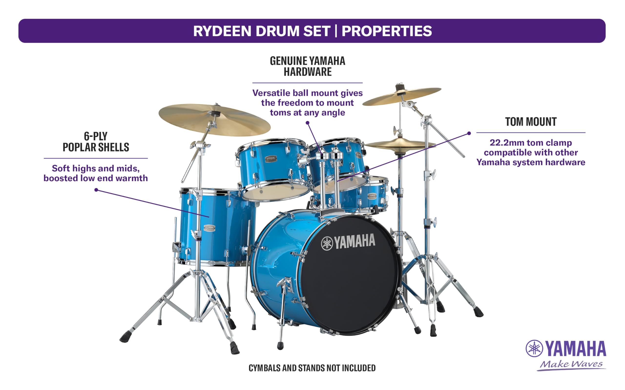 Yamaha Rydeen 5-Piece Drum Set With 22 Bass Drum, Floor Tom, 2 Toms With Ball Clamp And Wood Snare Drum, Sky Blue