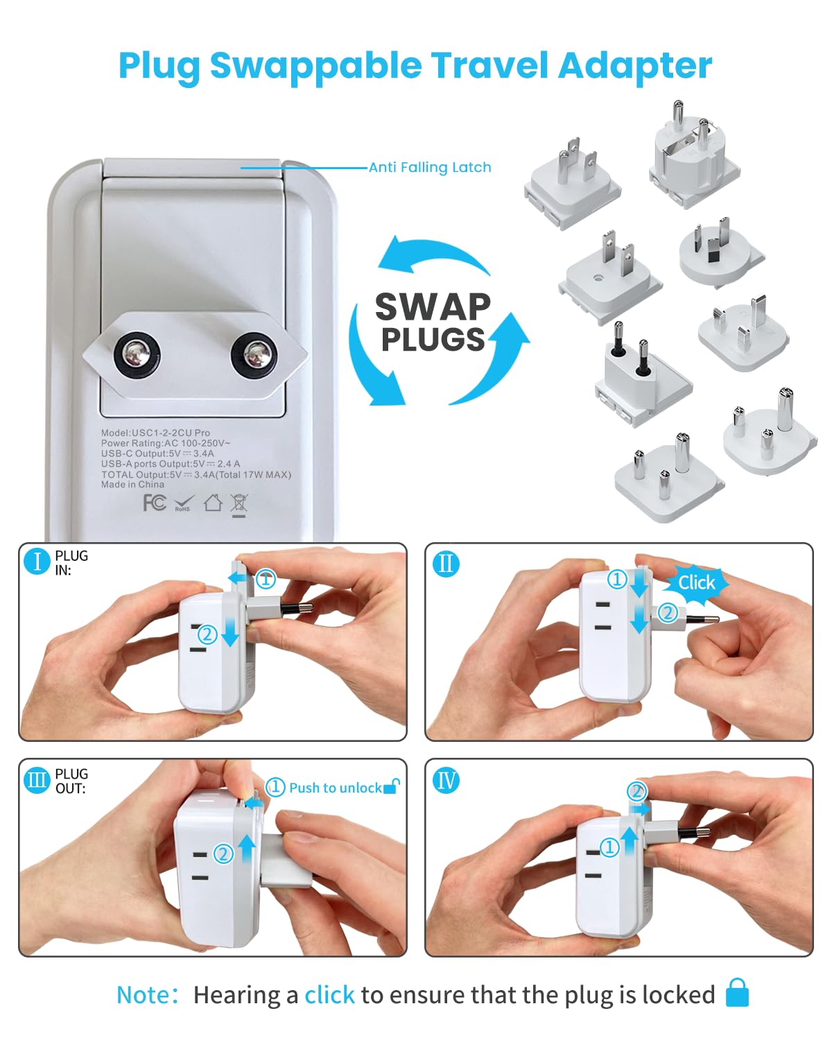 Vintar Universal Travel Adapter Kit, International Power Adapter With 4 Ac And 3 Usb Ports(2 Usb C), Type A,B,C,D,E/F,G,I,M Deta