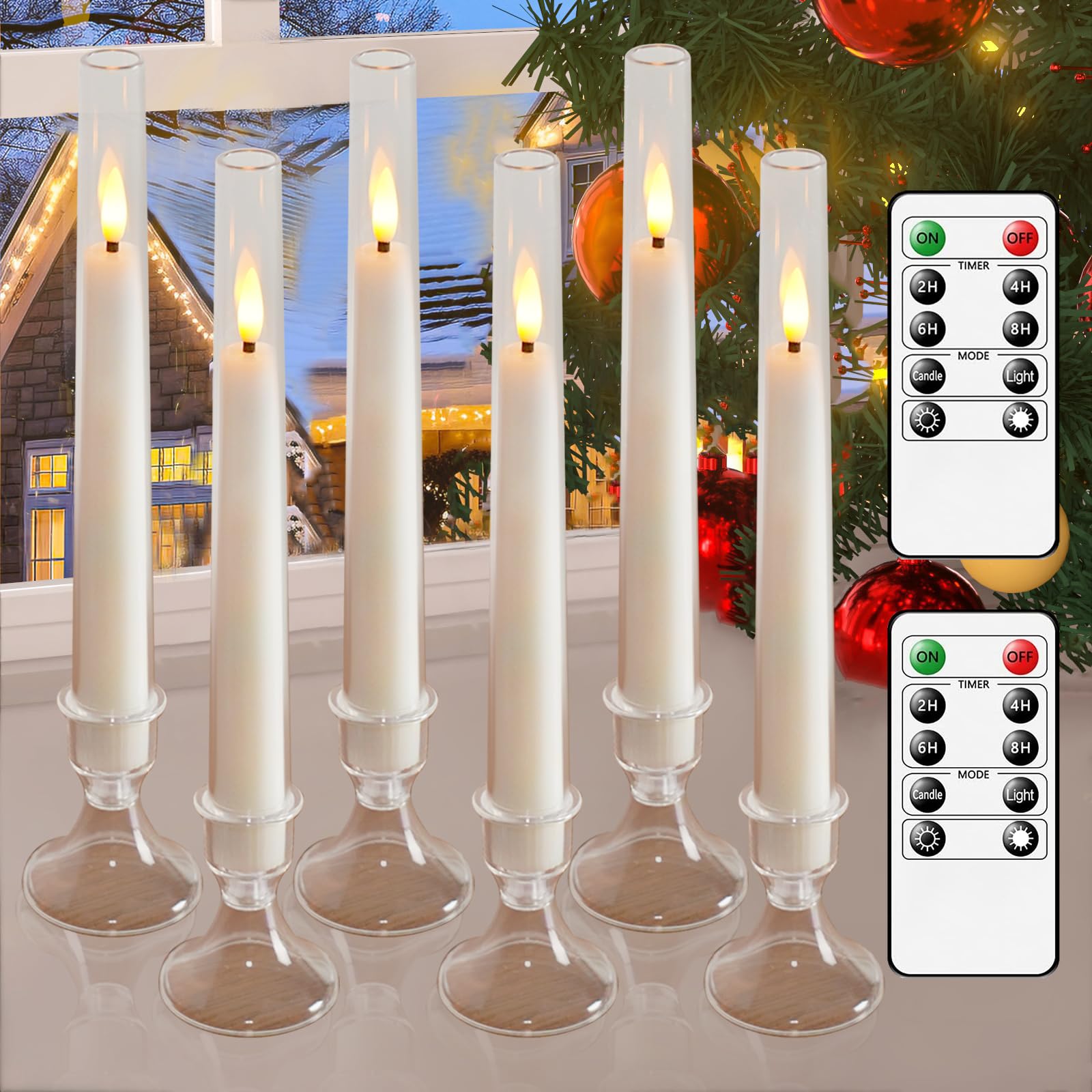 Lezonic Flameless Windows Candles Battery Operated With Timer Remote, 6Pcs White Acrylic Flameless Candlesticks With Holders, Le