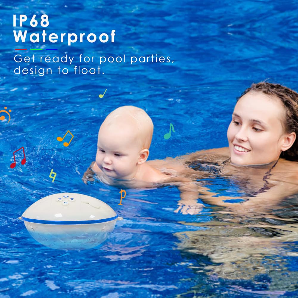 Blufree Floating Bluetooth Speaker - Waterproof IP68, Built-in Mic, Colorful Lights, White, Model BT601W