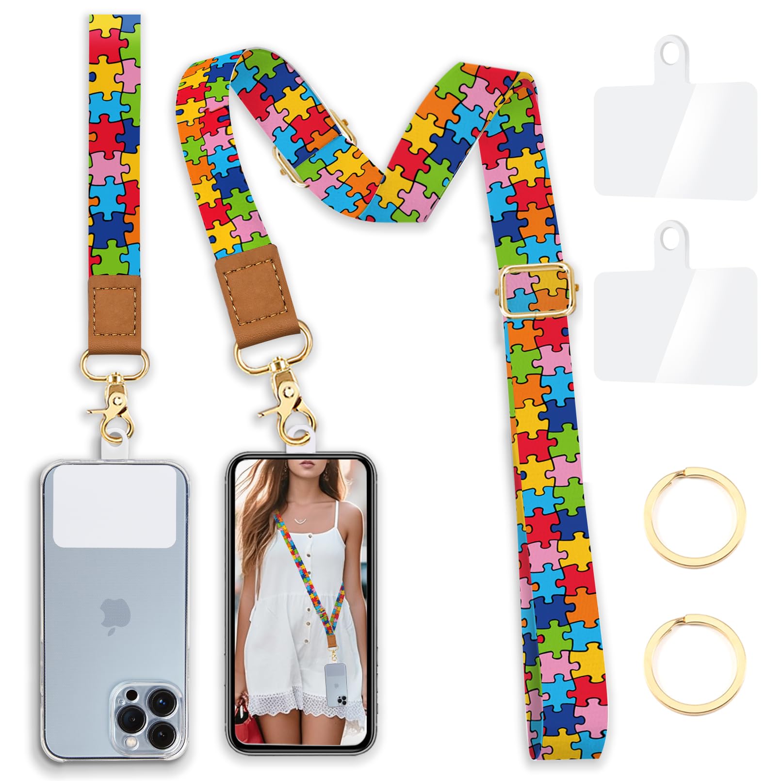 Phone Lanyard Wrist Strap Crossbody, Autism Puzzle Cell Phone Lanyard For Around The Neck Wristlet Adjustable Phone Strap Compat