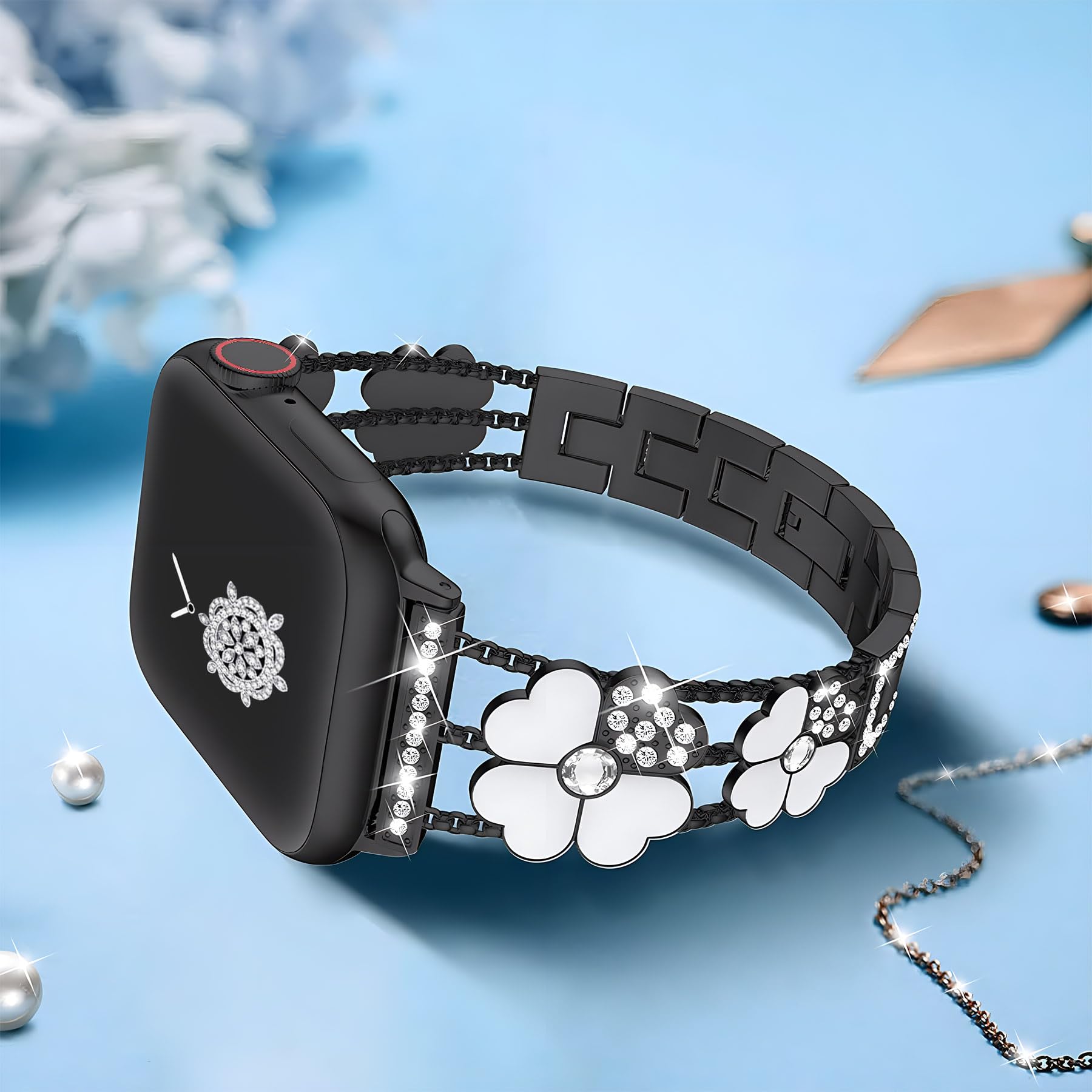 Kolgios 40/41Mm Black/White Women Fashion Four Leaf Clover Lucky Smartwatch Band Compatible For Apple Watch Series 9/8/7/Se/6/5