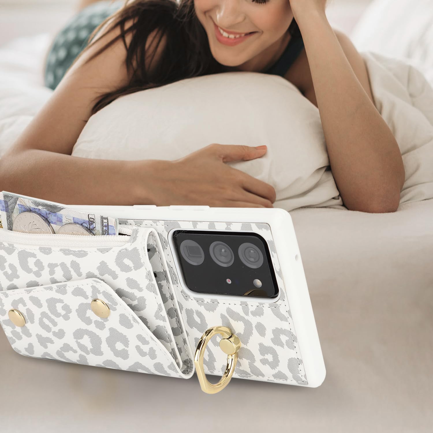 Lipvina For Samsung Galaxy Note 20 Ultra Case With Card Holder And Strap - Zipper Pocket,Crossbody Lanyard Strap,Stand Ring,Cute