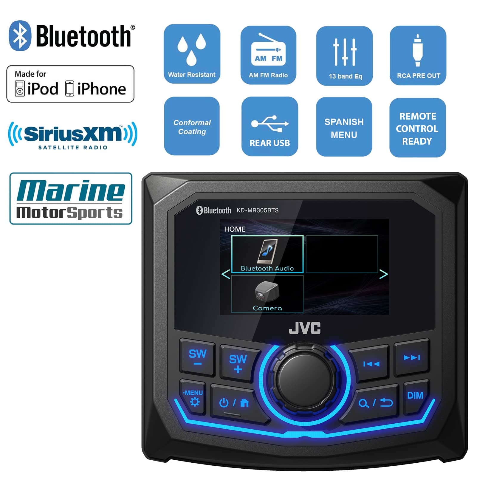 Jvc 2.7'' Lcd Display Marine Bluetooth Am/Fm/Wb Receiver, 4X Enrock 6.5'' 180 Watt Peak Power Boat Charcoal Speakers, Long Range