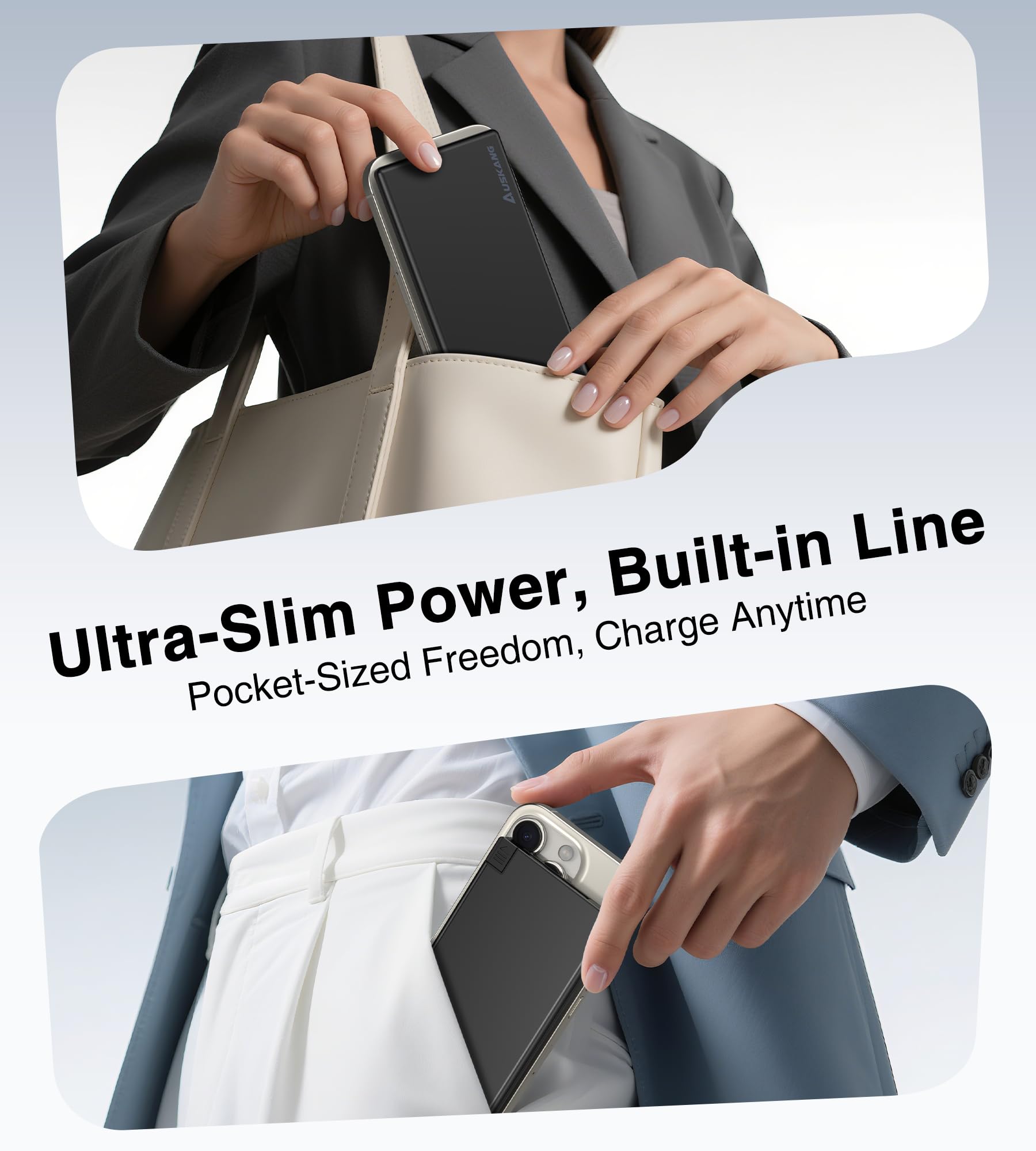 Auskang Slim Power Bank For Travel-5000Mah Usb C Portable Charger Built In Cable- Airplane Safe Thin Battery Pack Compatible Wit