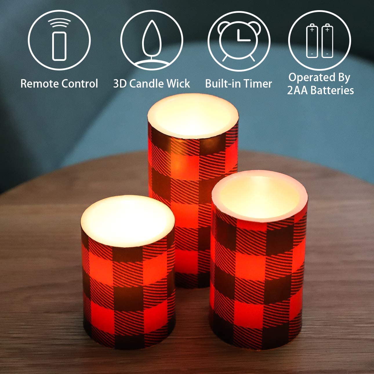 Silverstro Christmas Red Flameless Candles: Farmhouse Theme Flickering Real Wax Buffalo Check Decorative Candles With Remote - H