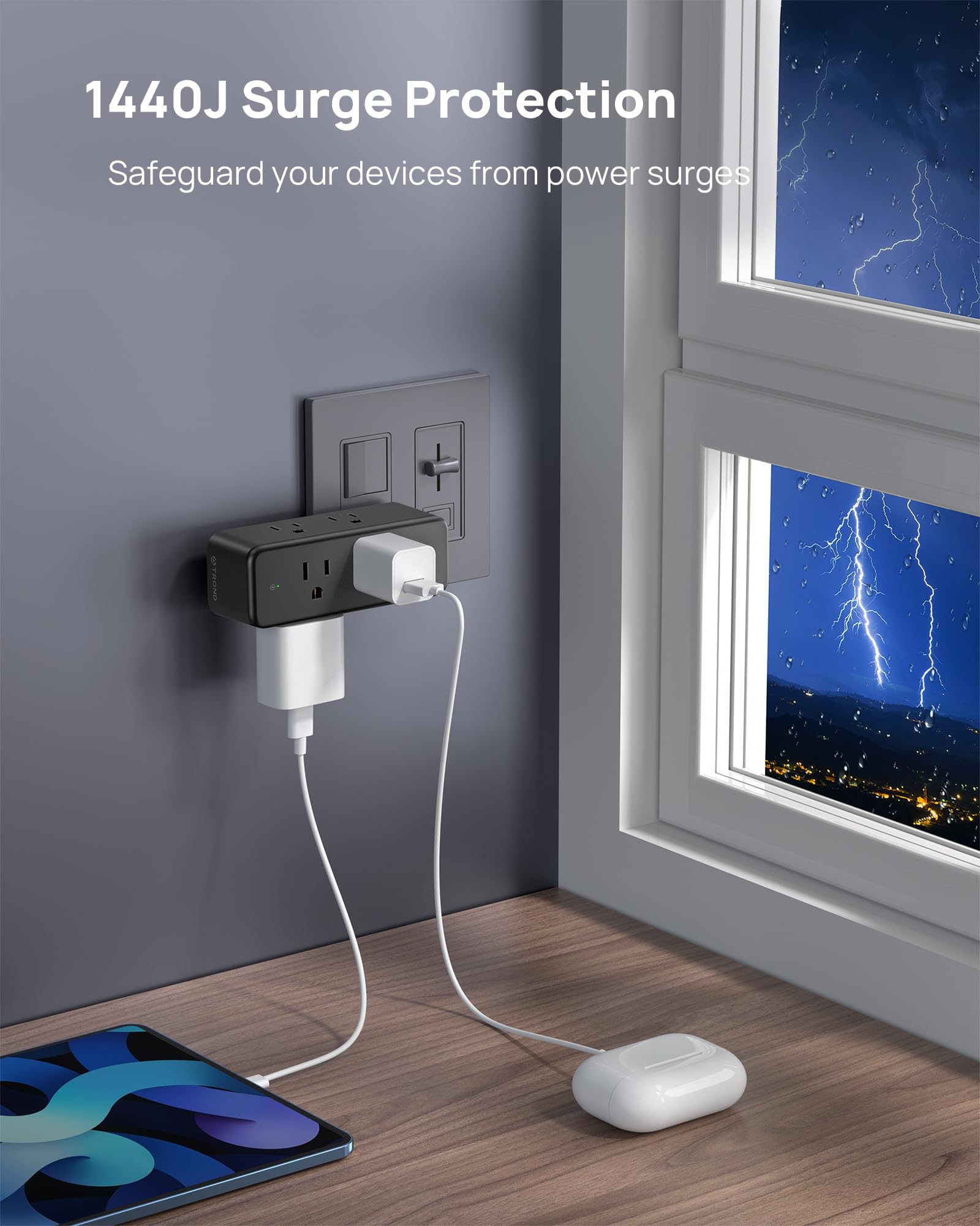 Trond Outlet Extender Surge Protector   6 Ac Outlet Splitter With 360? Rotating Plug, 1440J Multi Plug Expander, 3 Way Swivel Pl