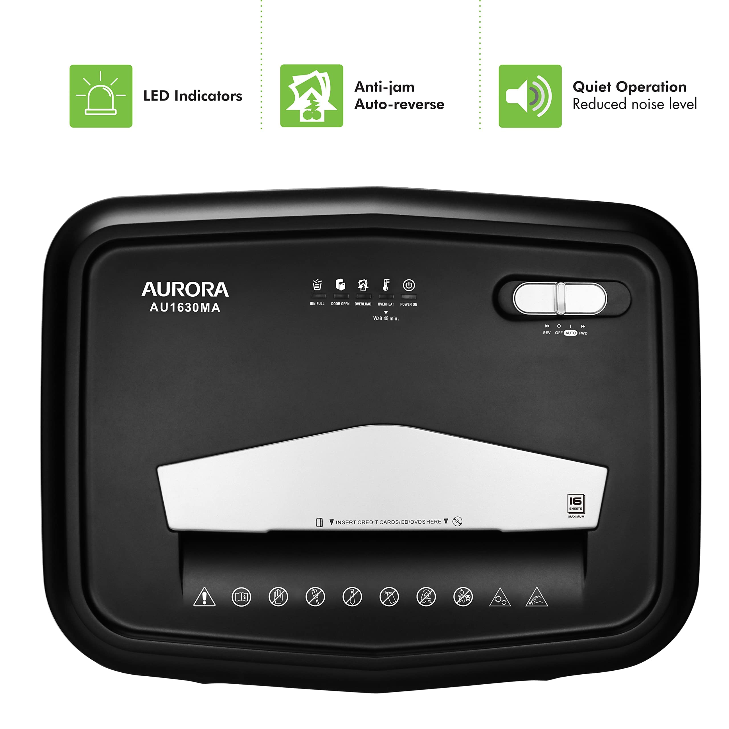Aurora Au1630Ma Anti Jam 16 Sheet Micro Cut Paper And Cd/Credit Card Shredder/ 10 Minutes Continuous Run Time