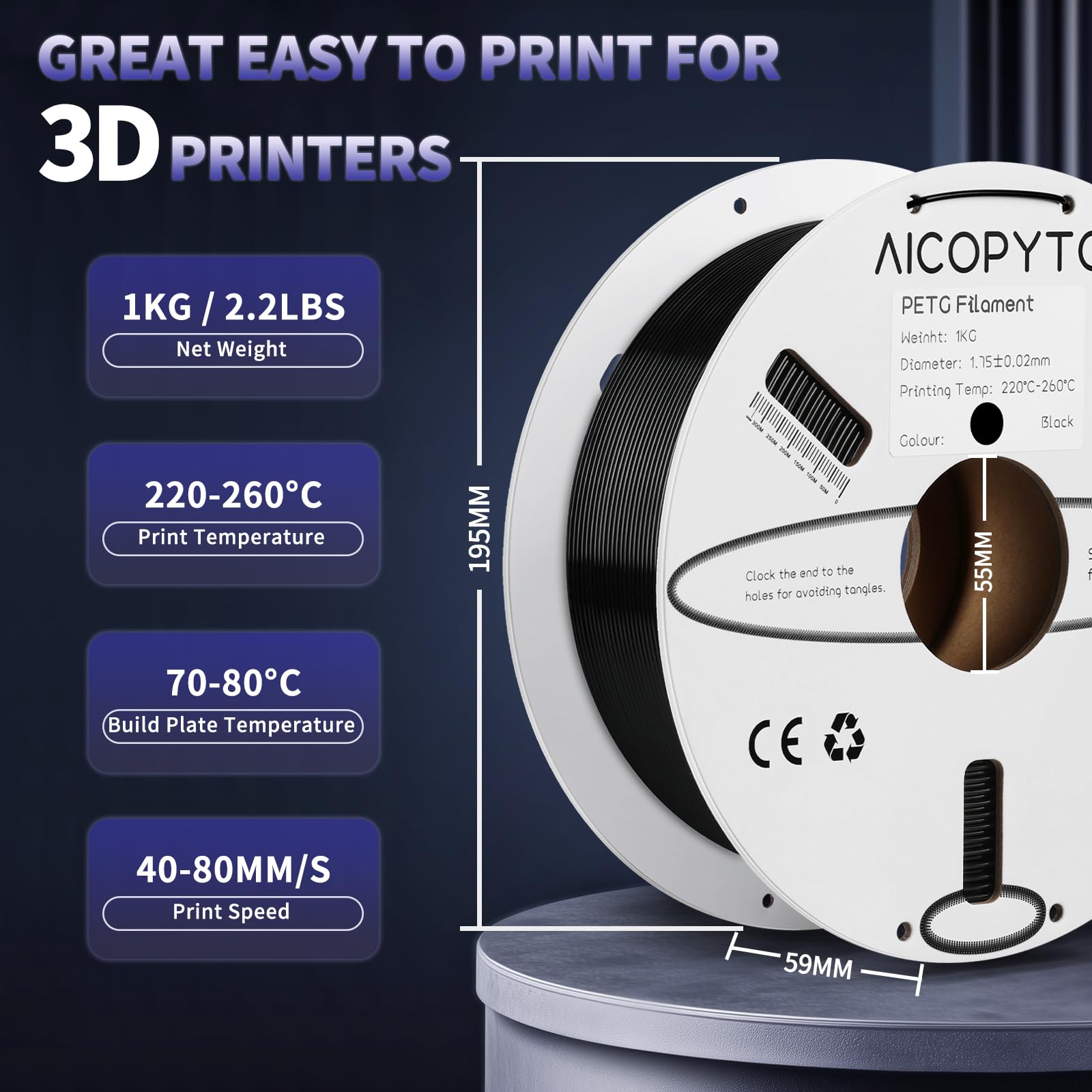 Aicopyto Black Petg Filament 1.75Mm, 3D Printer Petg Filament 1Kg Spool (2.2Lbs) Dimensional Accuracy +/- 0.02Mm, Filament Fit M