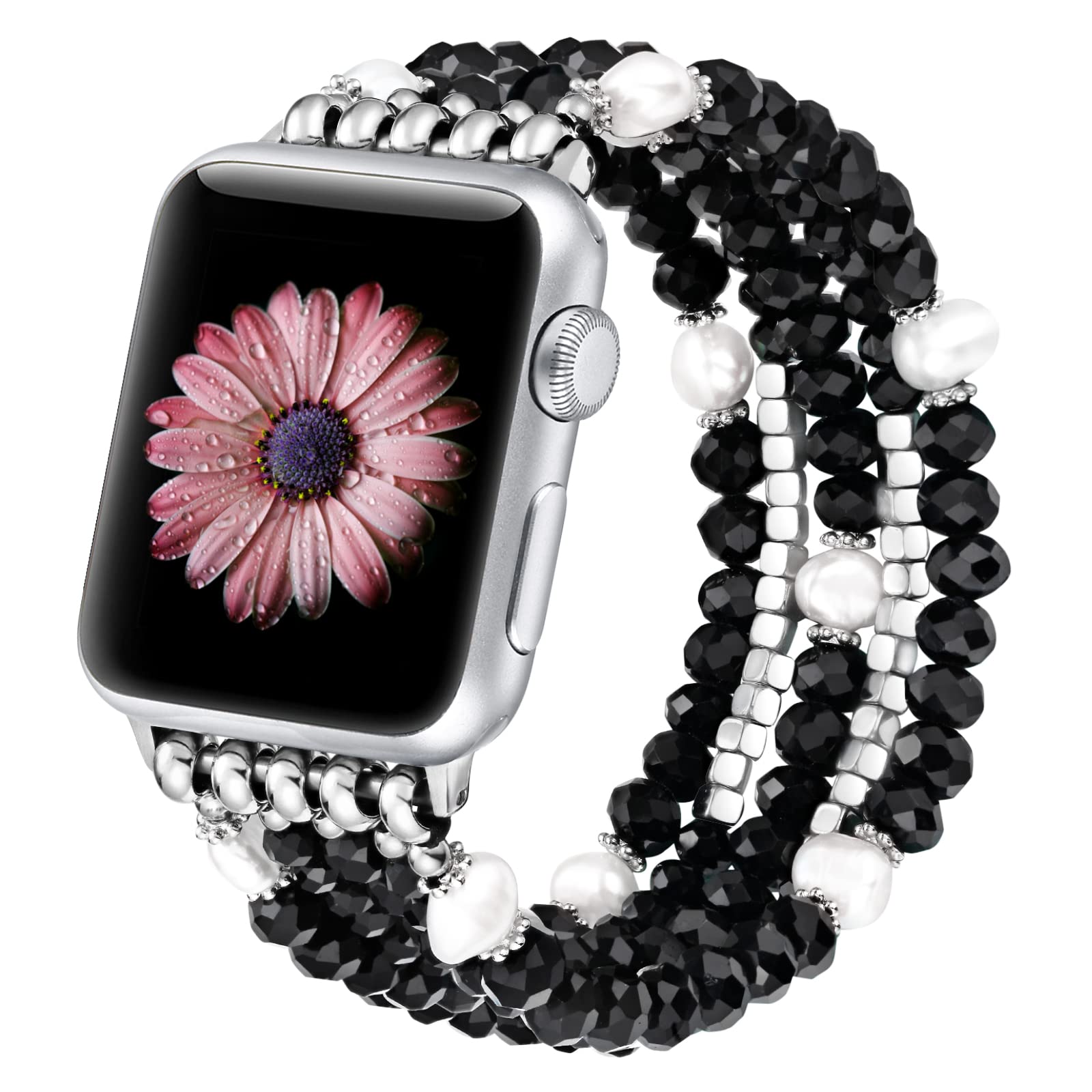 Fastgo Beaded Bracelet Band Compatible With Apple Watch 44Mm 45Mm 42Mm 49Mm Series 7 Women, Pearl Elastic Stretchy Strap Bands F