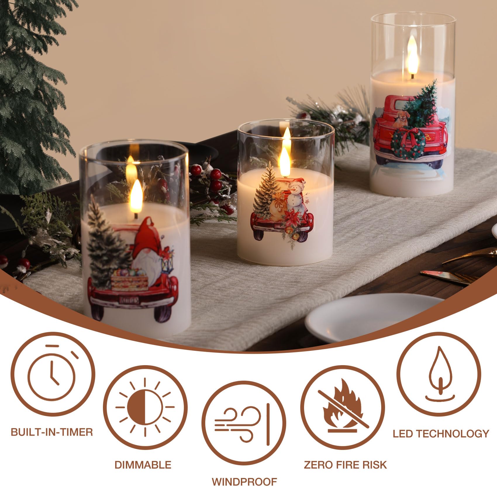Eywamage Glass Christmas Flameless Candles With Remote, Red Truck Tree Battery Operated Led Pillar Candles Set Of 3