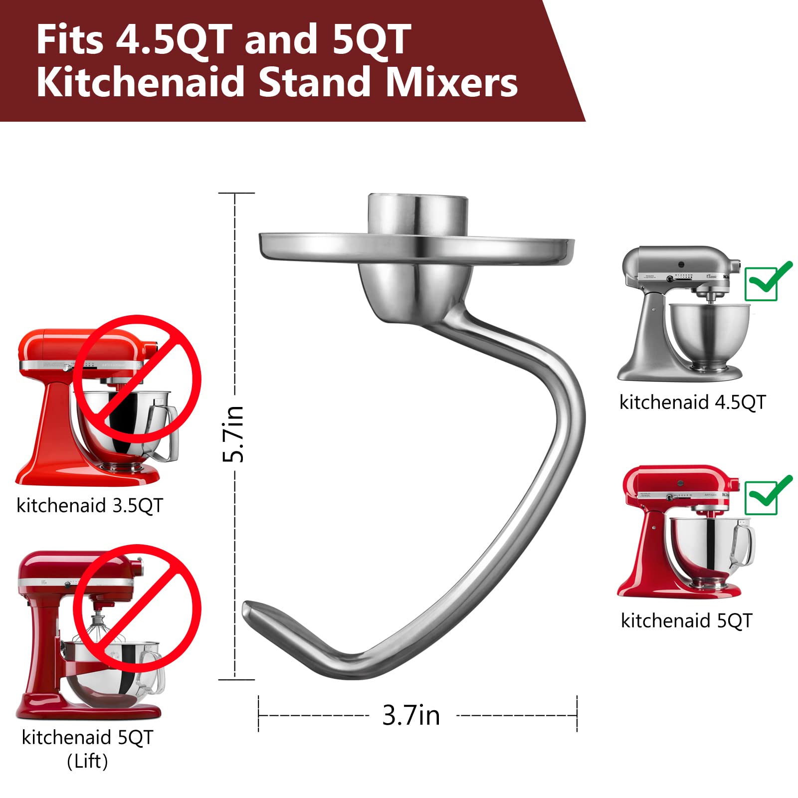 Letoms Dough Hook For Kitchenaid Stand Mixer 4.5Qt And 5Qt, Stainless Steel Mixer Dough Attachments For Kitchenaid, Dishwasher S