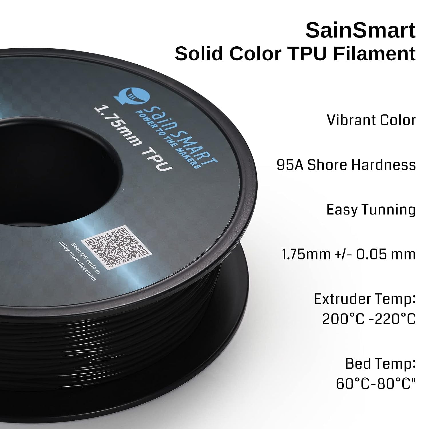 Sainsmart Tpu Filament 1.75, Blck Flexible Tpu 3D Printing Filament, 1.75 Mm, 0.8 Kg, Dimensional Accuracy +/  0.05 Mm