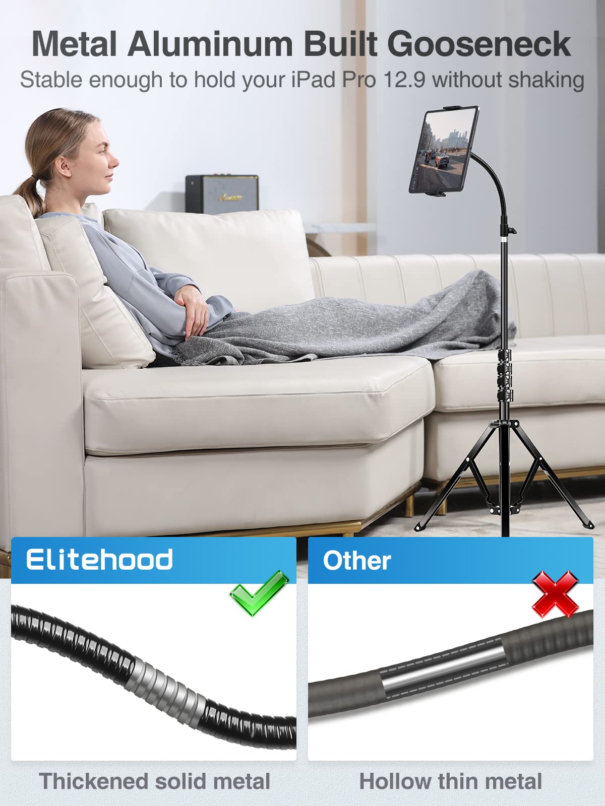 Elitehood Tablet Floor Tripod Stand, Stronger Gooseneck Ipad Tripod Stand, 72' Adjustable Ipad Stand Holder For Stream/Watching, For Ipad Pro 12.9, Mini, Air, Iphone And 4.7 13' Tablet And Cellphone