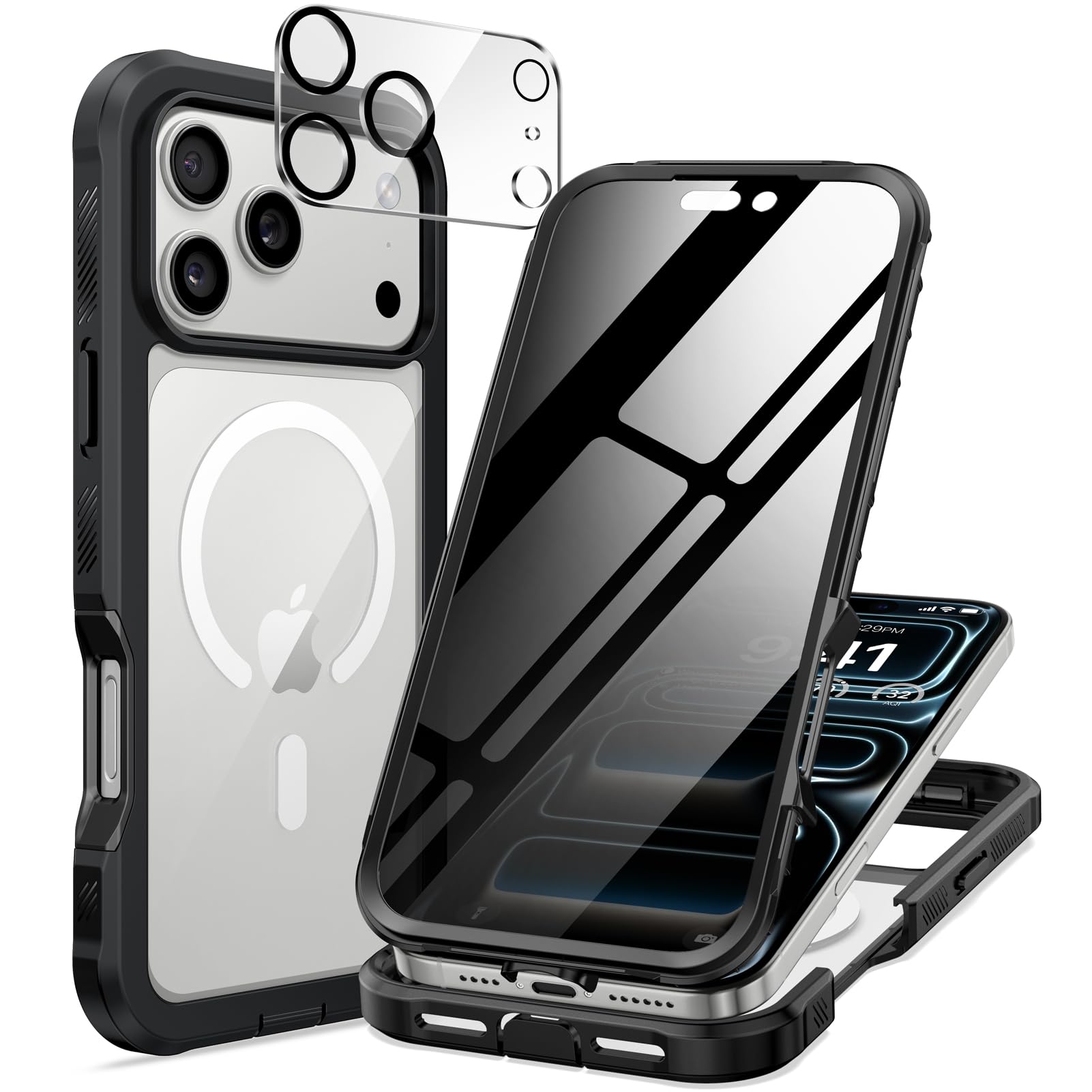 seacosmo for iPhone 17 Pro Case, Full Body Bumper with Built-in 9H Tempered Glass Privacy Screen Protector and Camera Lens Prote