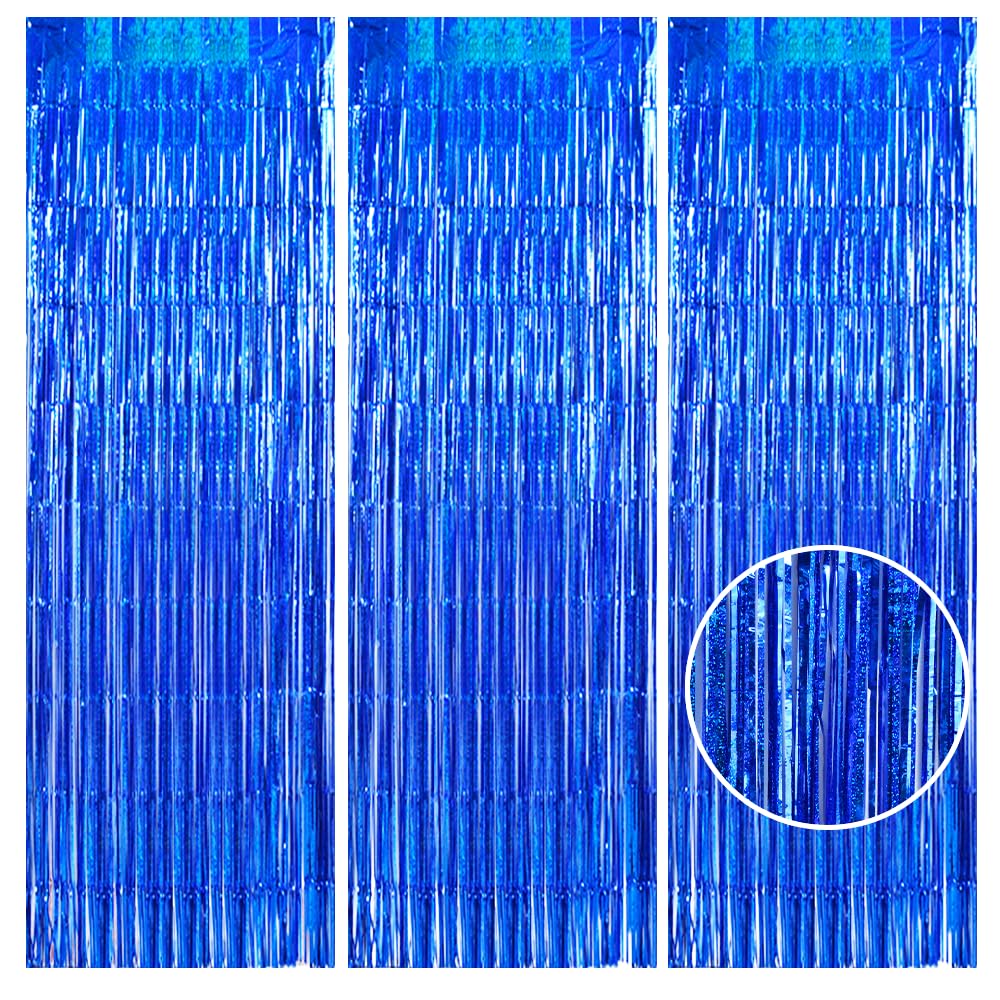 Toniful 3Pcs Laser Blue Door Streamers,Laser Blue Photo Booth Backdrop Metallic Streamers Laser Blue Foil Fringe Curtains For Bi