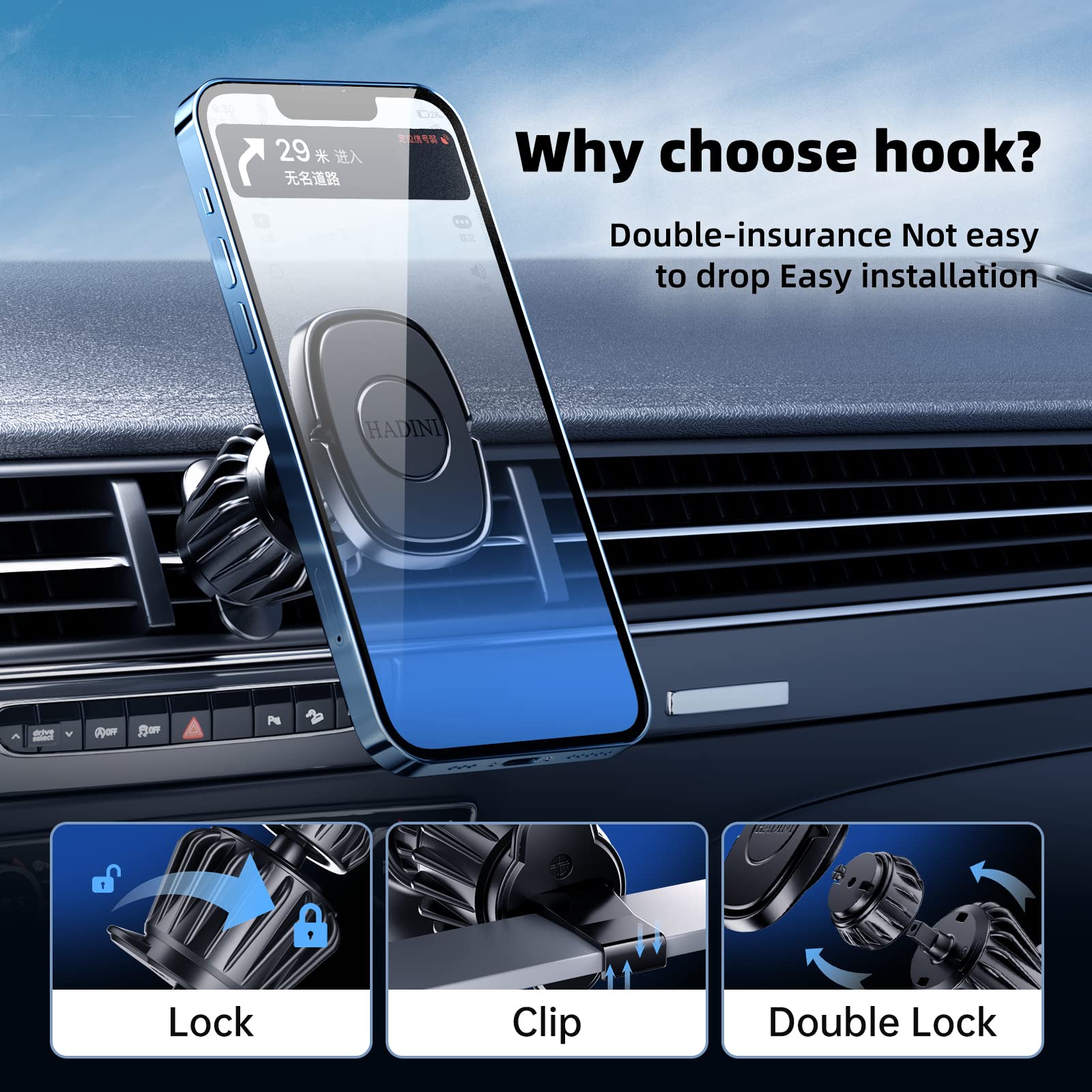 Hadini Magnetic Car Mount [Metal Hook Clip] Air Vent Phone Holder Compatible With All Smartphones