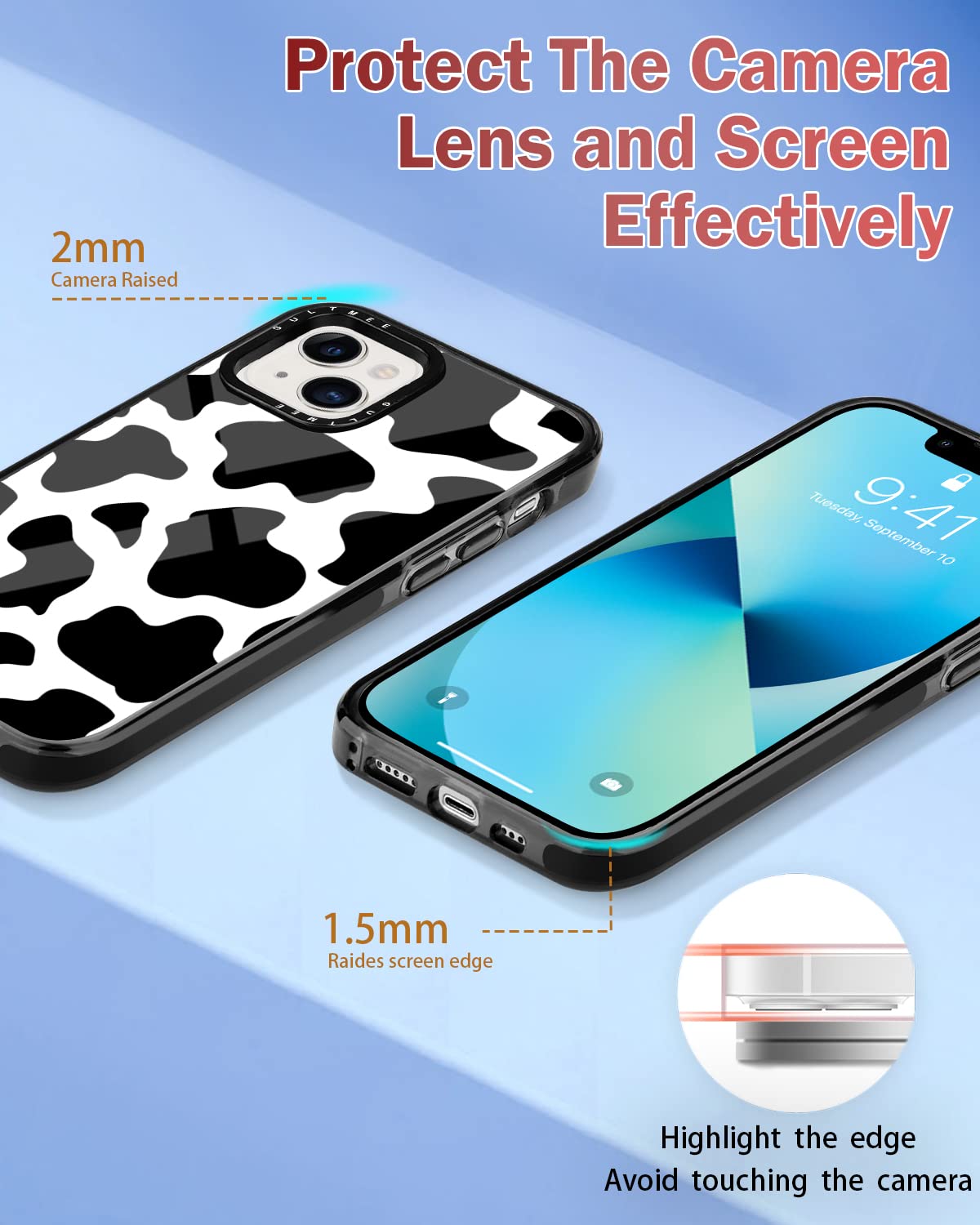 Gultmee [3 In 1 For Iphone 13 Case 6.1 Inch,With Tempered Glass Screen Protector + Camera Lens Protector Cute Cow Print Slim Des