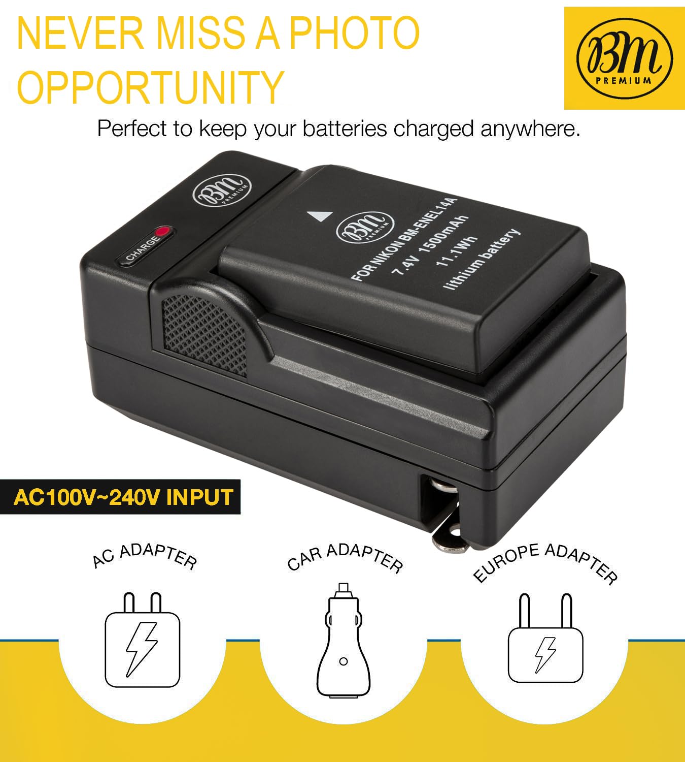BM Premium EN EL14A, EN EL14 Battery and Charger for Nikon D3100, D3200, D3300, D3400, D3500, D5100, D5200, D5300, D5500, D5600, DF, Coolpix P7000, P7100, P7700 Digital SLR Cameras
