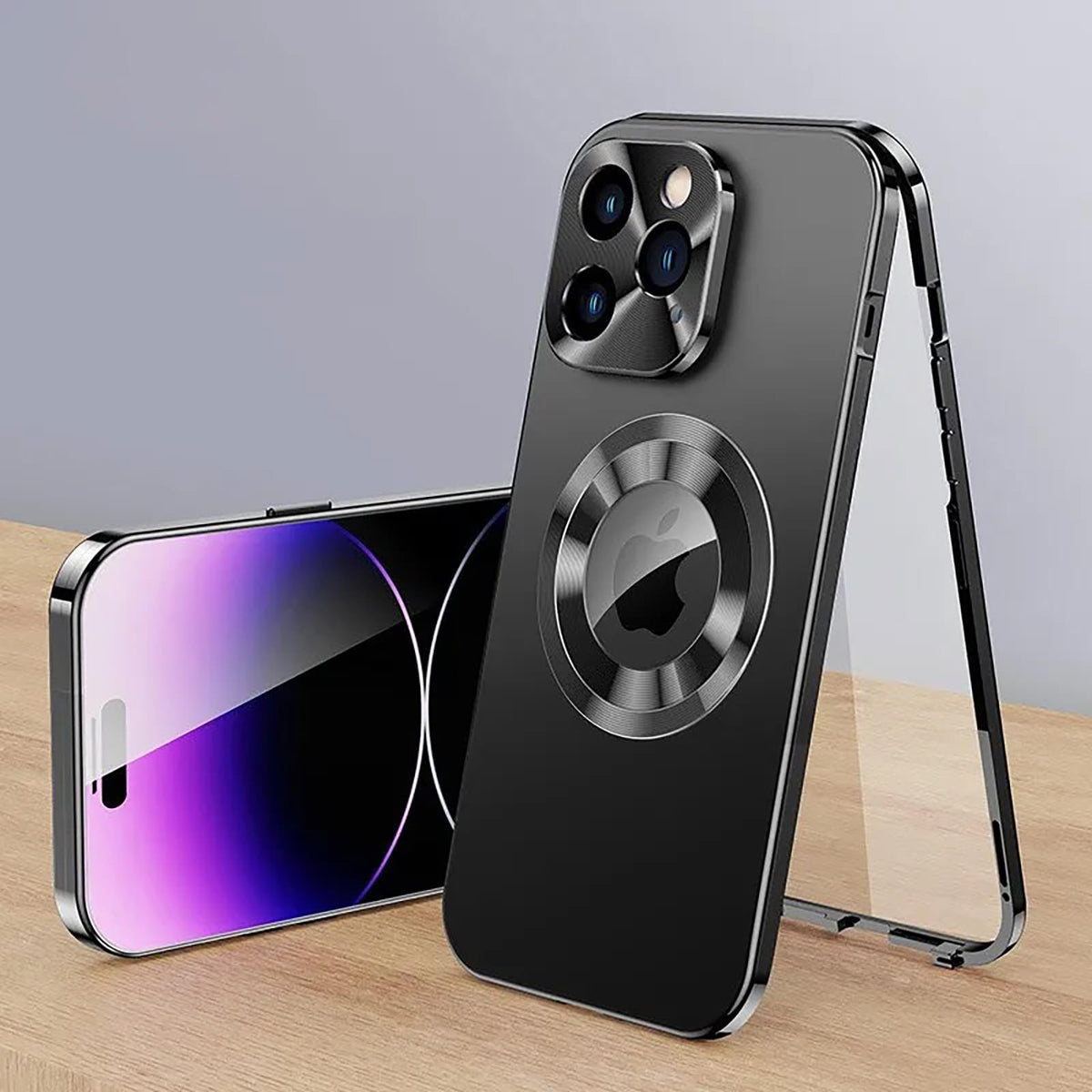 Huhucase Metal Anti-Spy Magnetic Phone Case For Iphone 12/13/14/15/16 Promax Double-Sided Glass Full Cover Hard Case (Black,Ipho