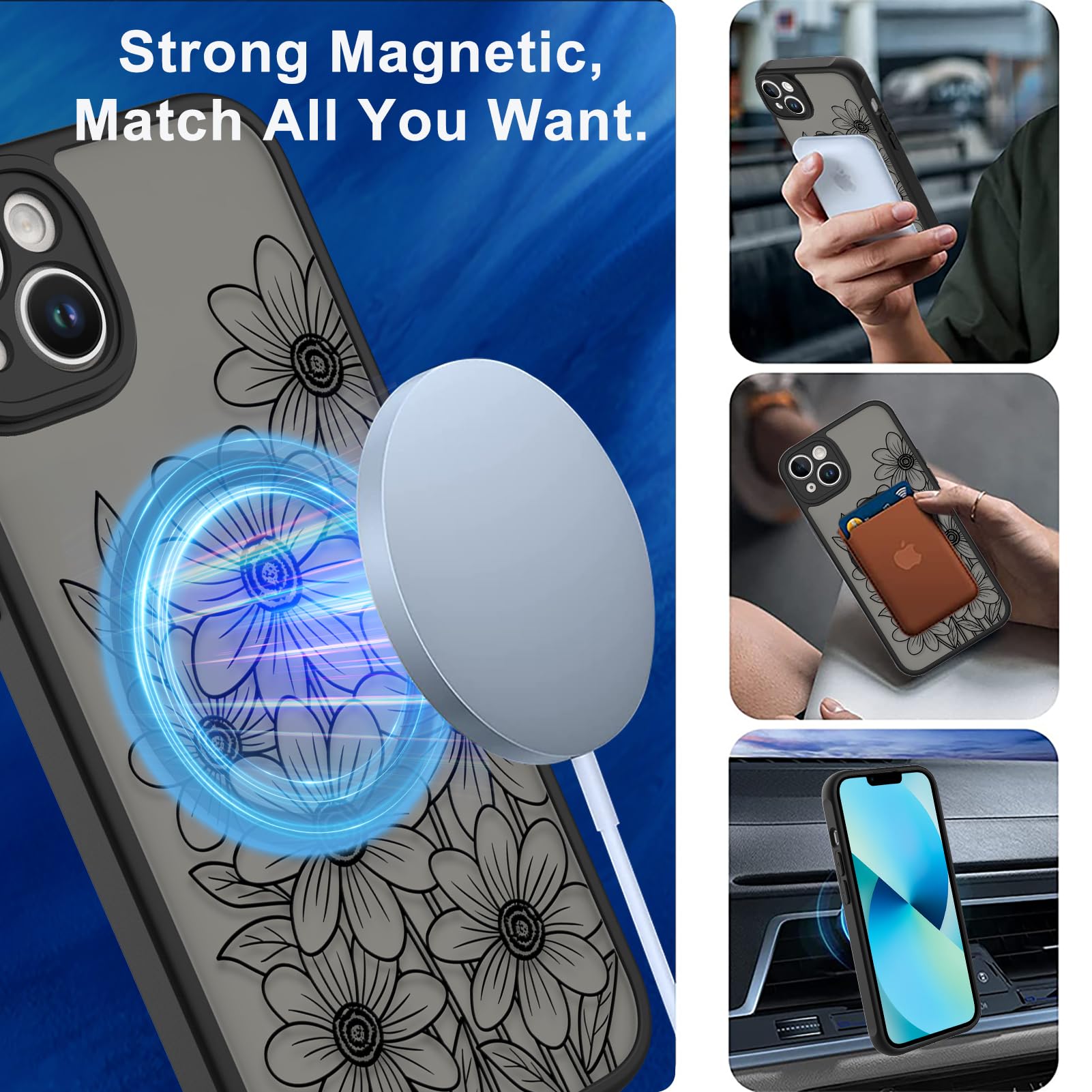 Ook Magnetic For Iphone 13 Case Black Flower Sunflower Pattern [Compatible With Magsafe] Slim Translucent Matte Camera Lens Prot