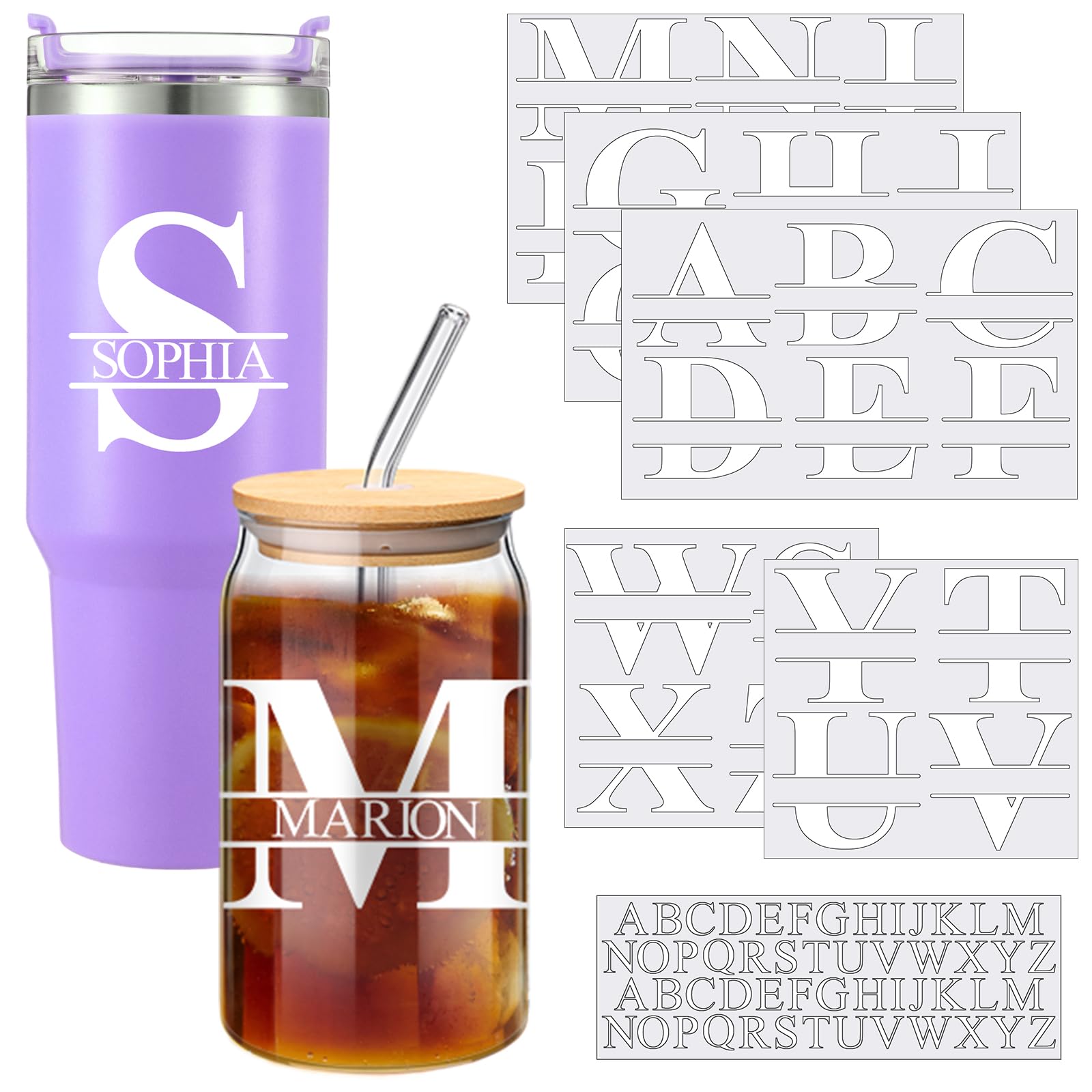 Janlaugh 10 Sheets UV Dtf Cup Wrap Transfer Name Sticker Alphabet Split Letter Monogram Sticker Vinyl Name Decal for Tumbler Lap