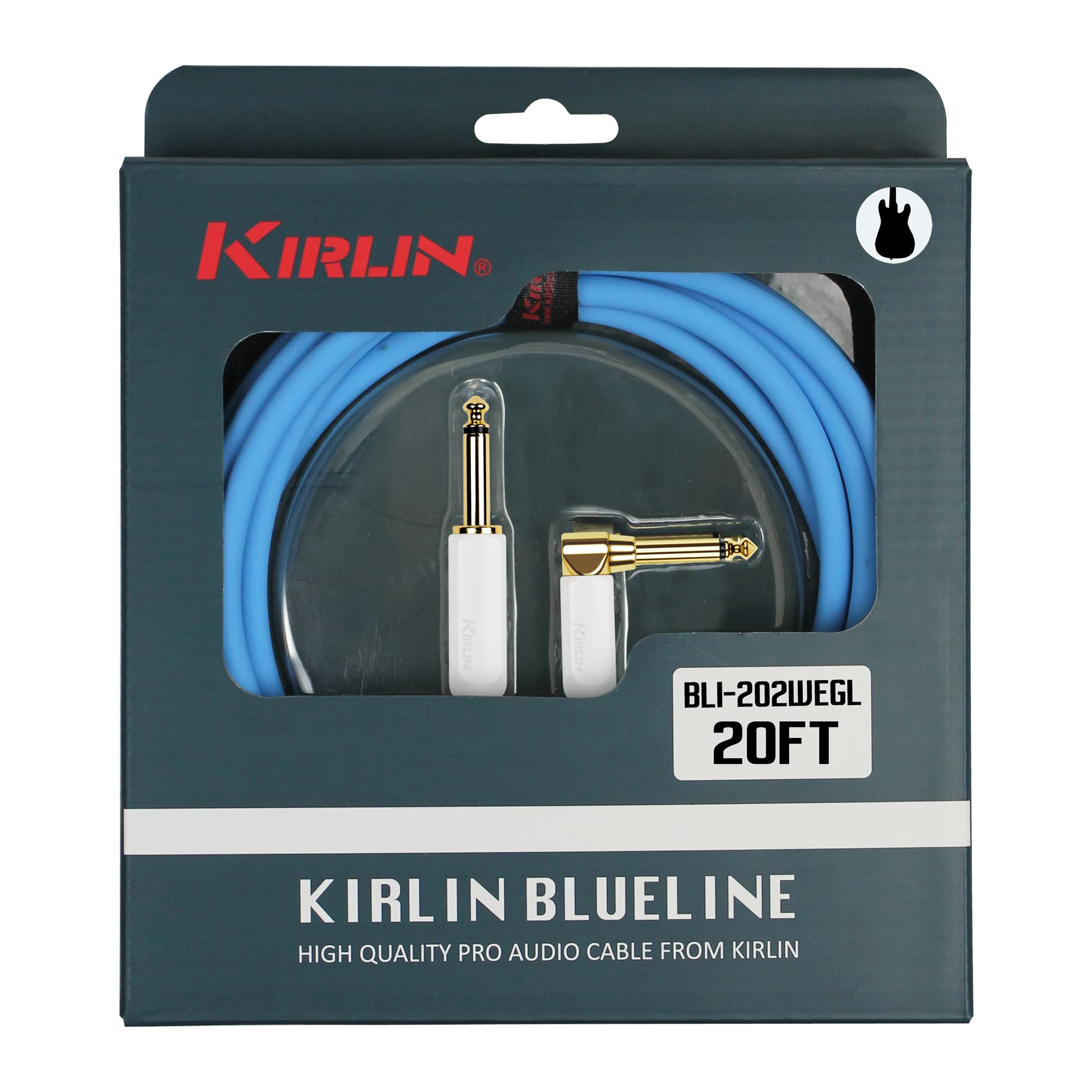 Kirlin Cable Bli 202Wfgl 20/Be 20 Feet Straight To Right Angle 1/4 Inch Plug Blueline Instrument Cable With Blue Pvc Jacket