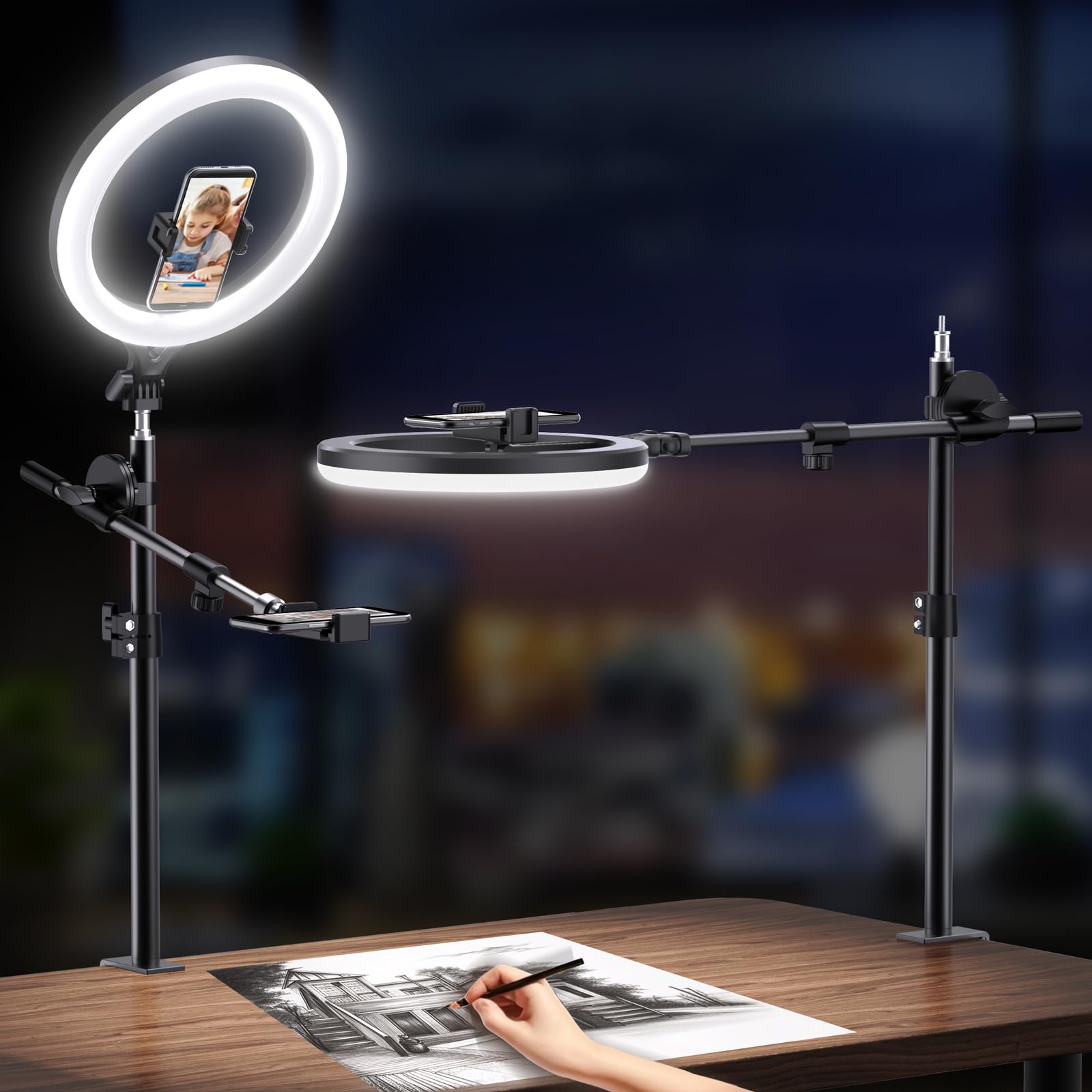 Ring Light With Stand And Phone Holder, Overhead Phone Mount, Phone Stand For Recording, 11    Circle Led Ring Light For Desk Wi