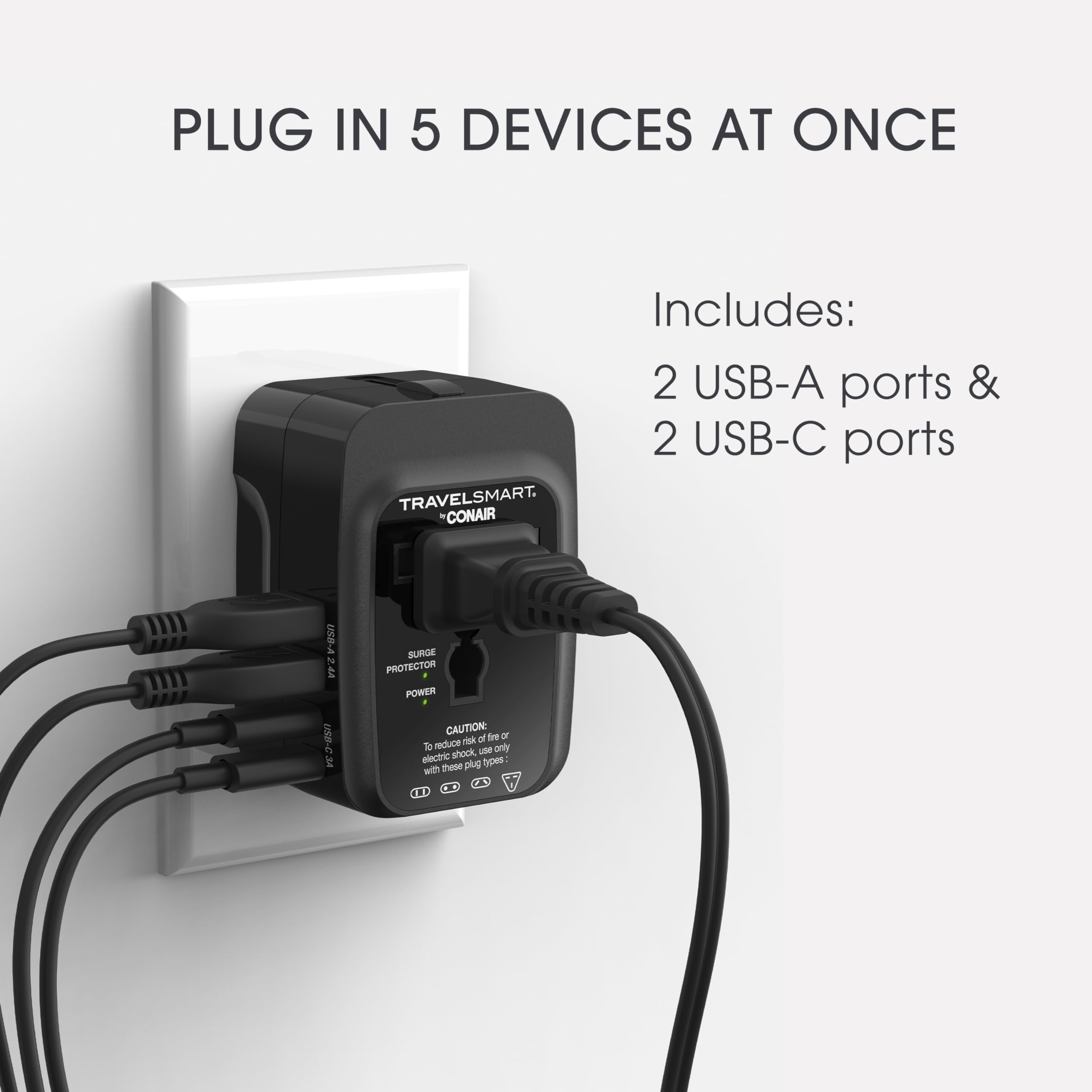 Conair Universal Travel Adapter   All In One European And Worldwide Travel Plug Adapter With Surge Protection   Includes Usb C P