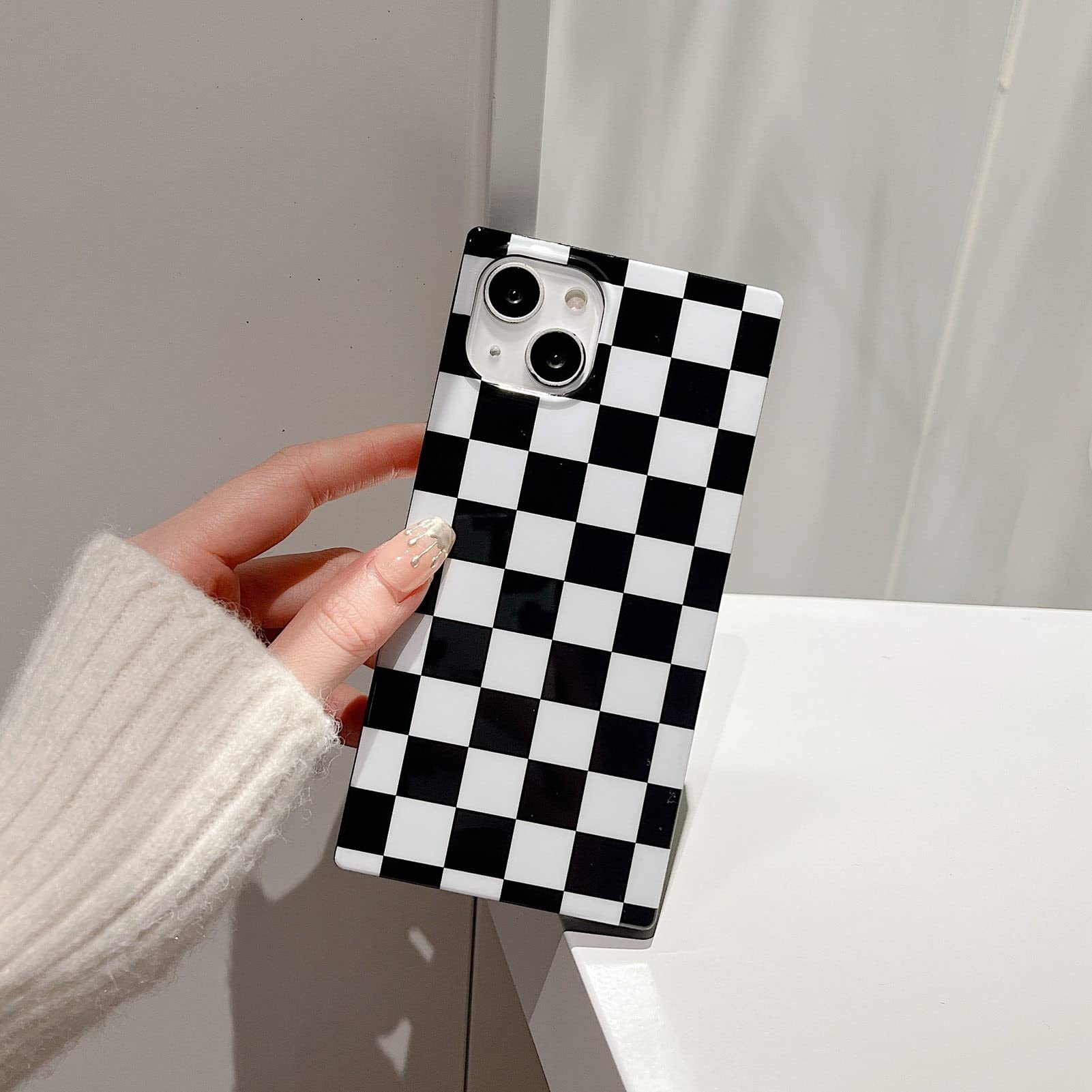 Rectangle Checkered Phone Case For Iphone 13 Pro Black White Grids Plaid Checkerboard Slim Soft Classic Trunk Design Strong Shoc