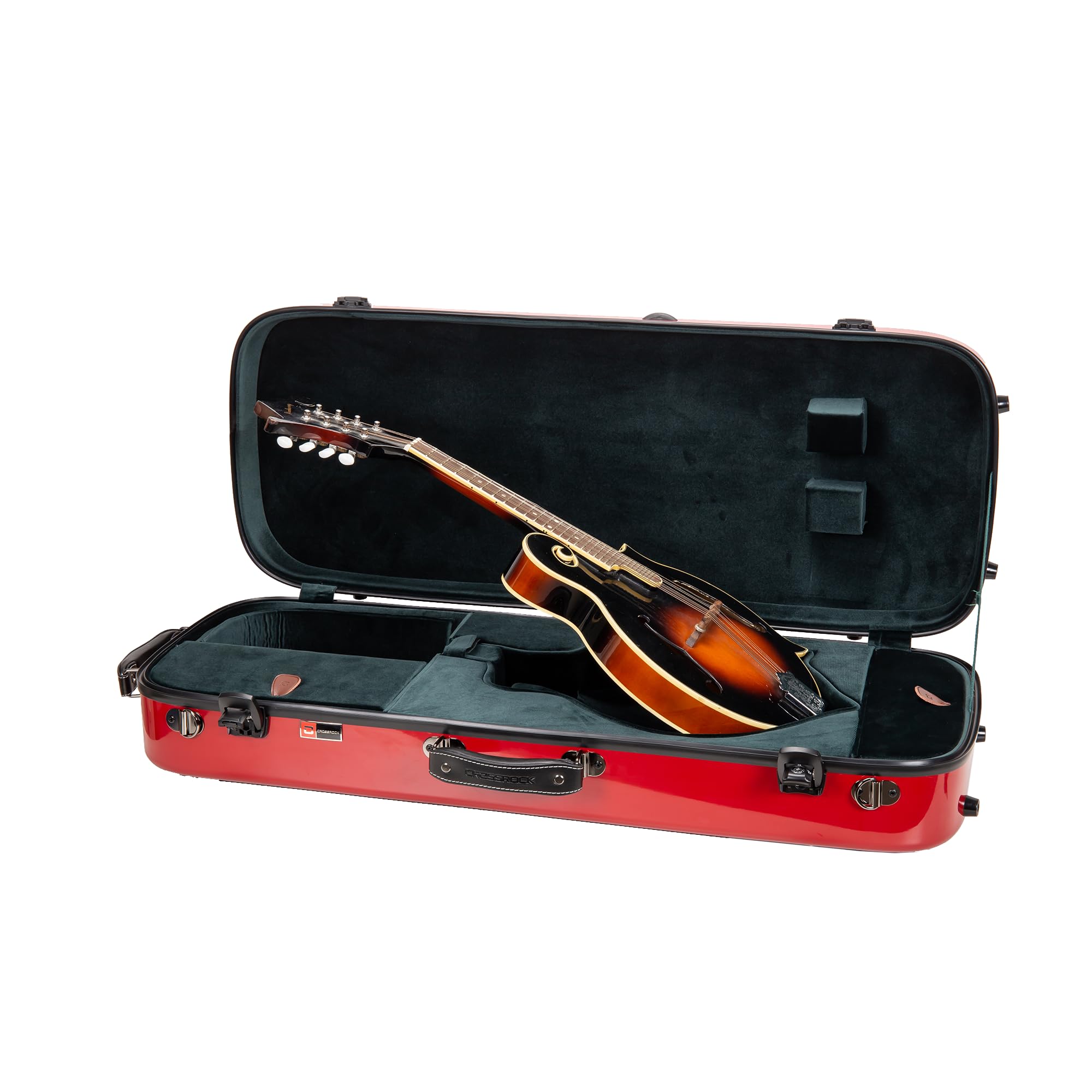 Crossrock Fiberglass Mandolin Case - Oblong for F-Style (Fits Gibson F5) | Red Gloss Finish, Forest Green Velvet, TSA Lock, Hygr
