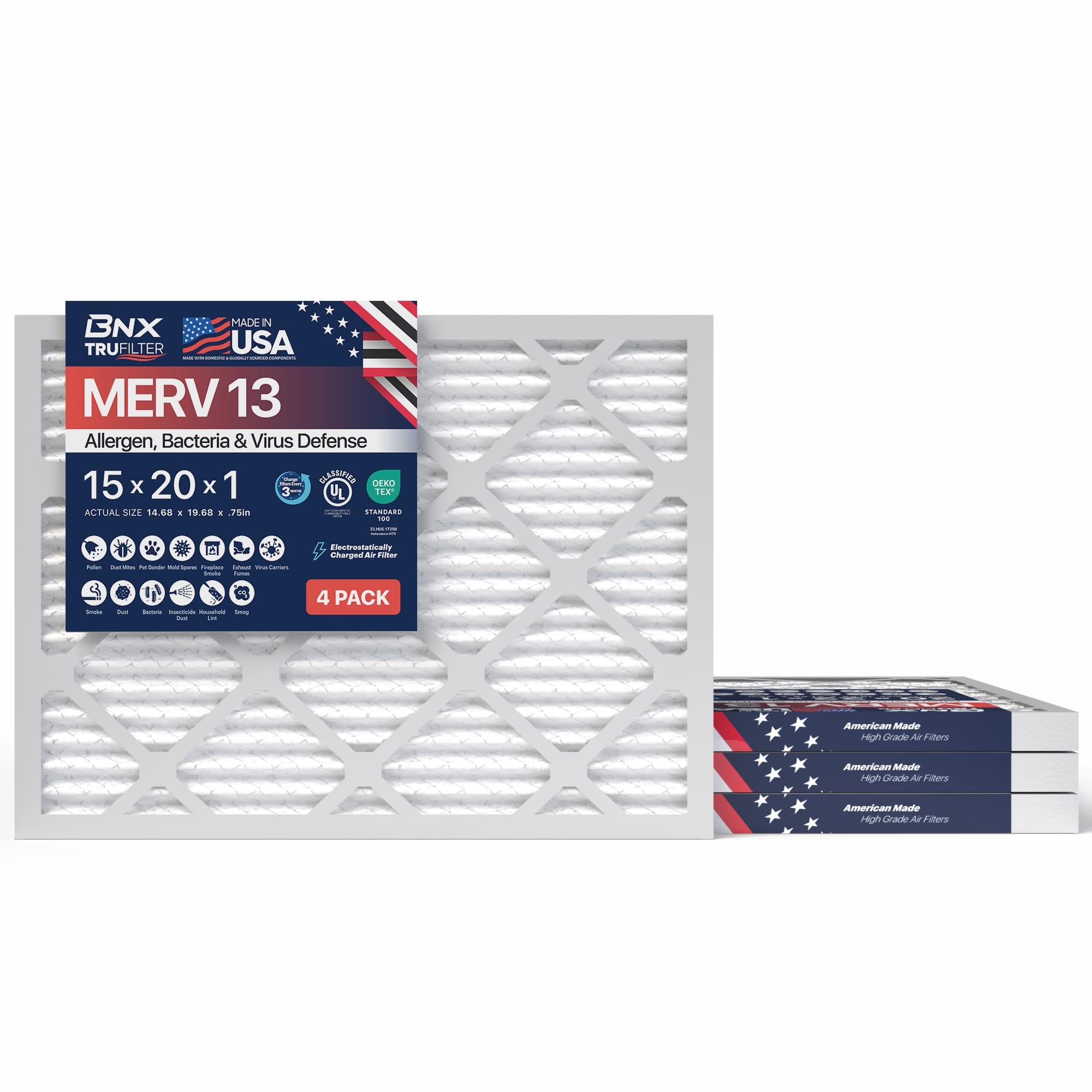 BNX TruFilter 15x20x1 Air Filter MERV 13 (4-Pack) - MADE IN USA - Electrostatic Pleated Air Conditioner HVAC AC Furnace Filters 