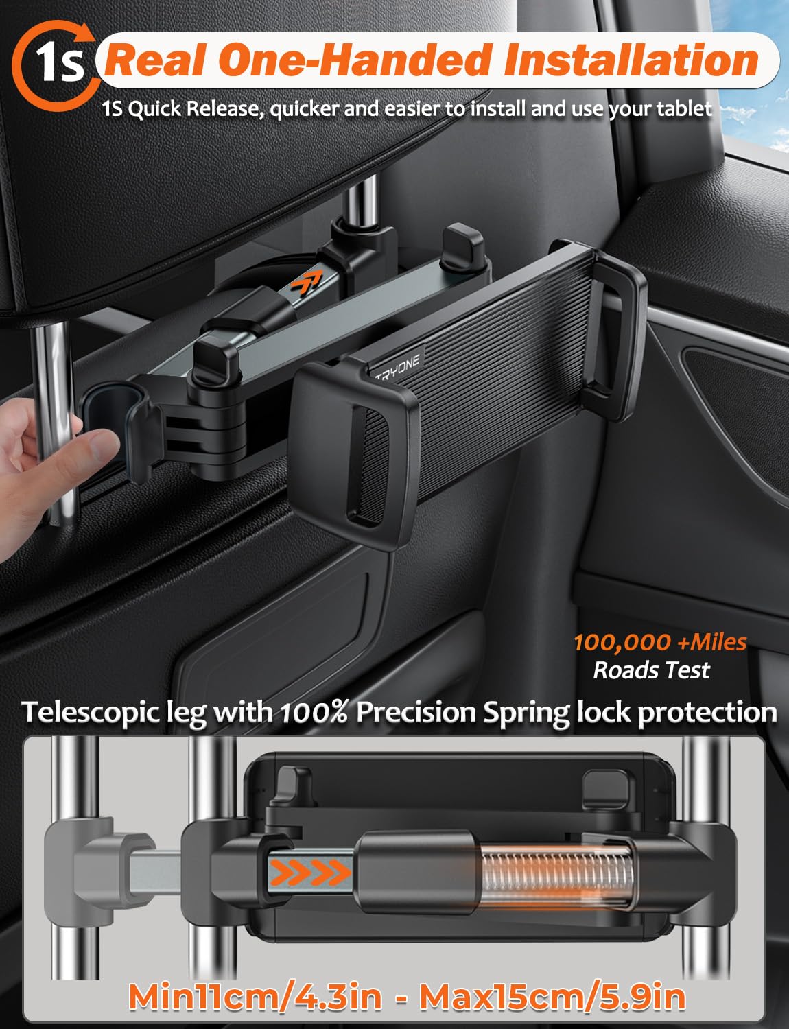 Tryone Car Headrest Tablet Holder Mount Stretchable Backseat Tablets Stand for Kids, Car Seat Mounts Compatible with iPad Pro 12.9 Air Mini, iPhone, Galaxy Tab, Switch, All 4.7 12.9' Screen Devices