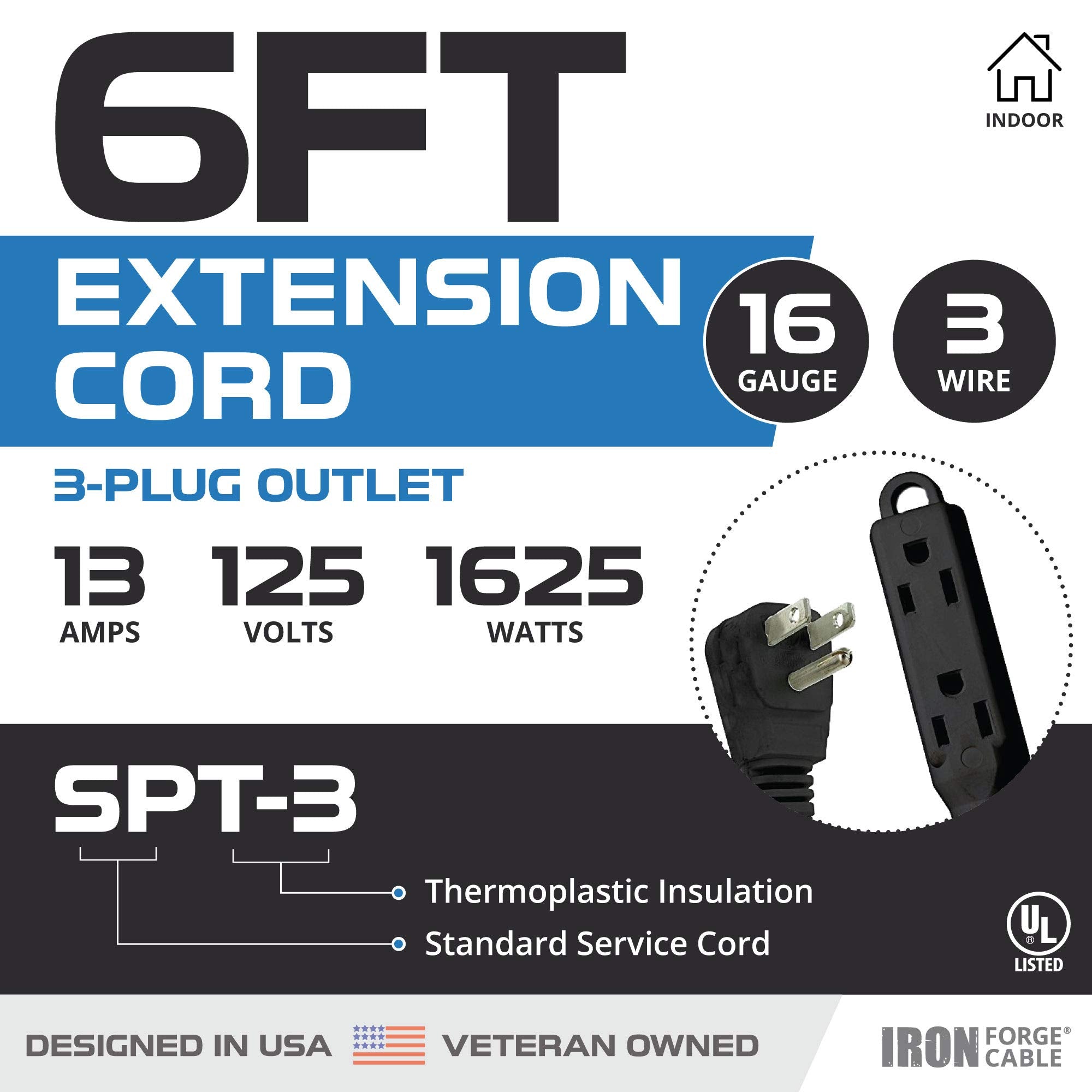 Iron Forge Cable 6 Ft Flat Plug Black Extension Cord With 3 Outlets, 16/3 Flat Cable 3 Prong Indoor Extension Cord With Multiple