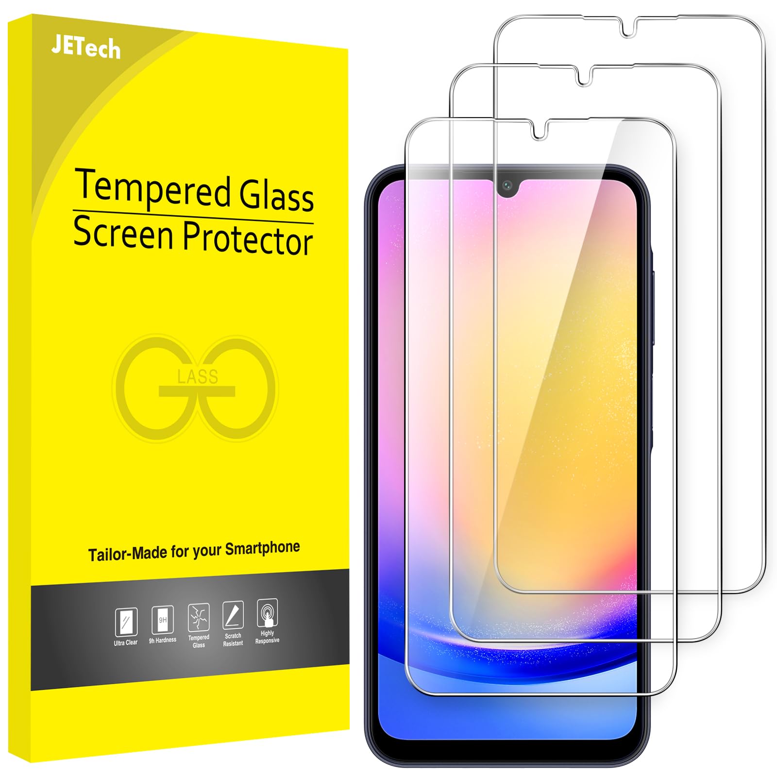 JETech Screen Protector for Samsung Galaxy A25 5G 6.5 Inch, 9H Tempered Glass Film, Anti-Scratch, HD Clear, 3-Pack