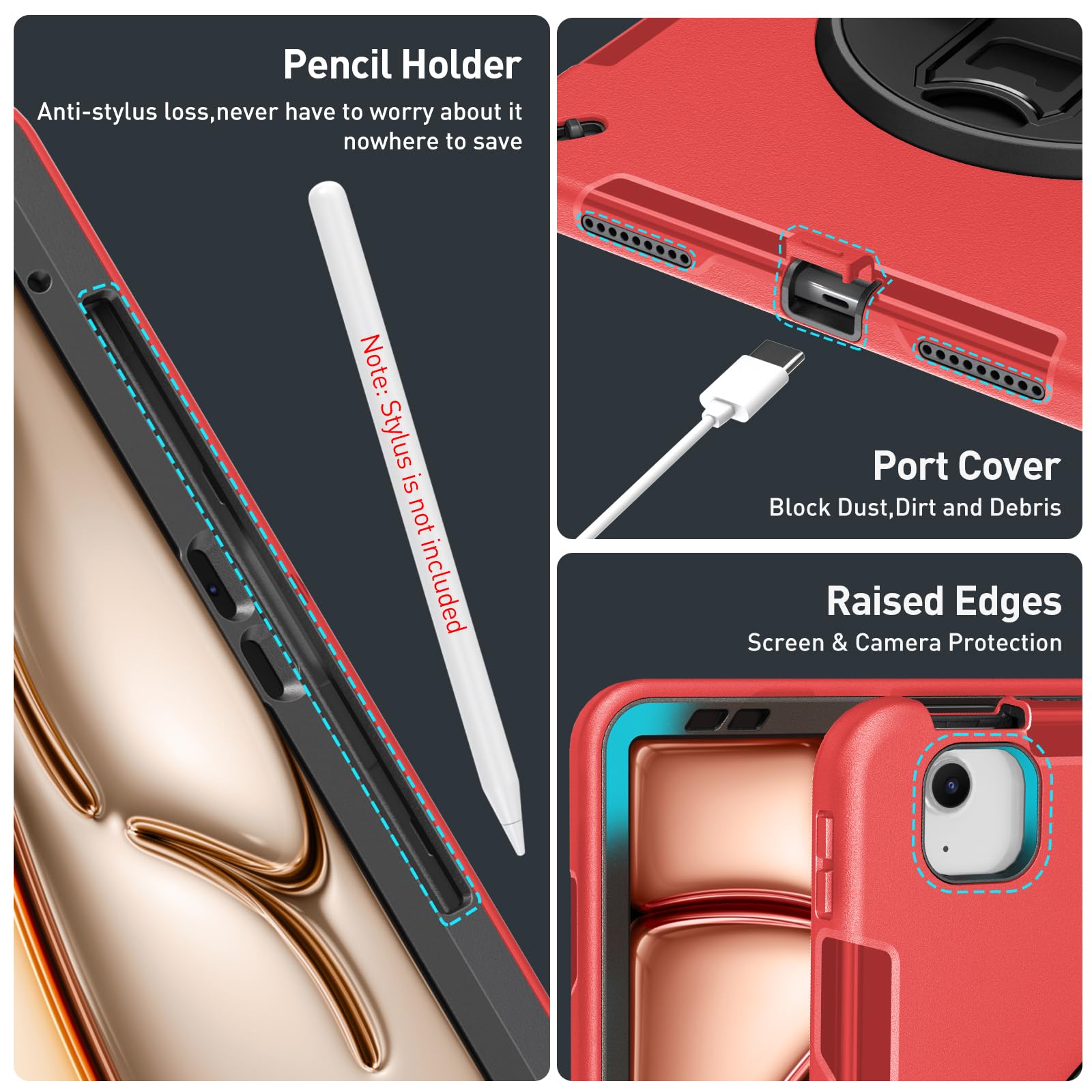 Supfives Case For Ipad Air 13 Inch 2024,With Screen Protector+Hand Strap+Shoulder Strap+Rotating Kickstand+Pencil Holder,Red