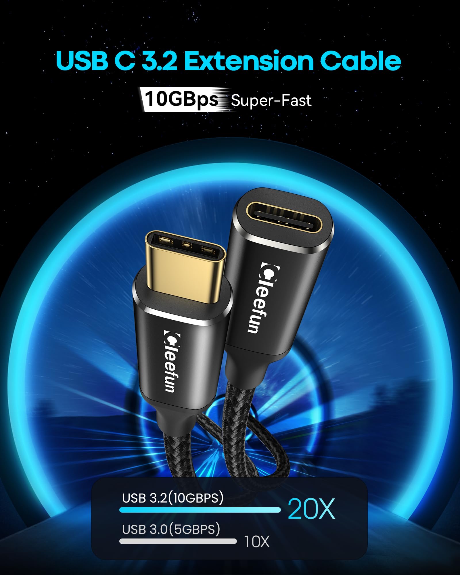 Cleefun Usb C Extension Cable 1Ft 2Pack, Usb C 3.2 Male To Usb C Female Extension Cable, 10Gbps Data & 4K Video Sync Transfer Usb C Extender Cable 100W Fast Charging For Usb C Hub, Laptop,Tablet,Phone